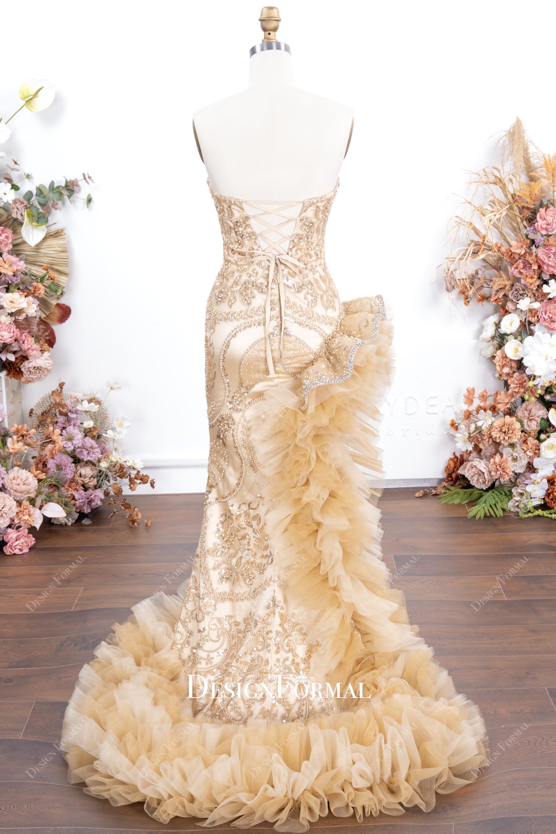 champagne mermaid court train prom dress