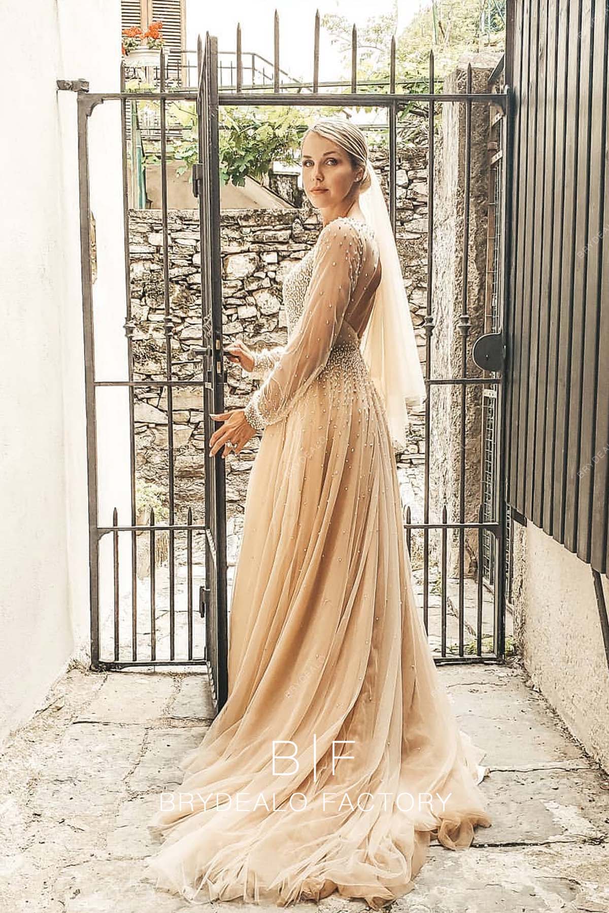 champagne pearls long train A-line bridal gown