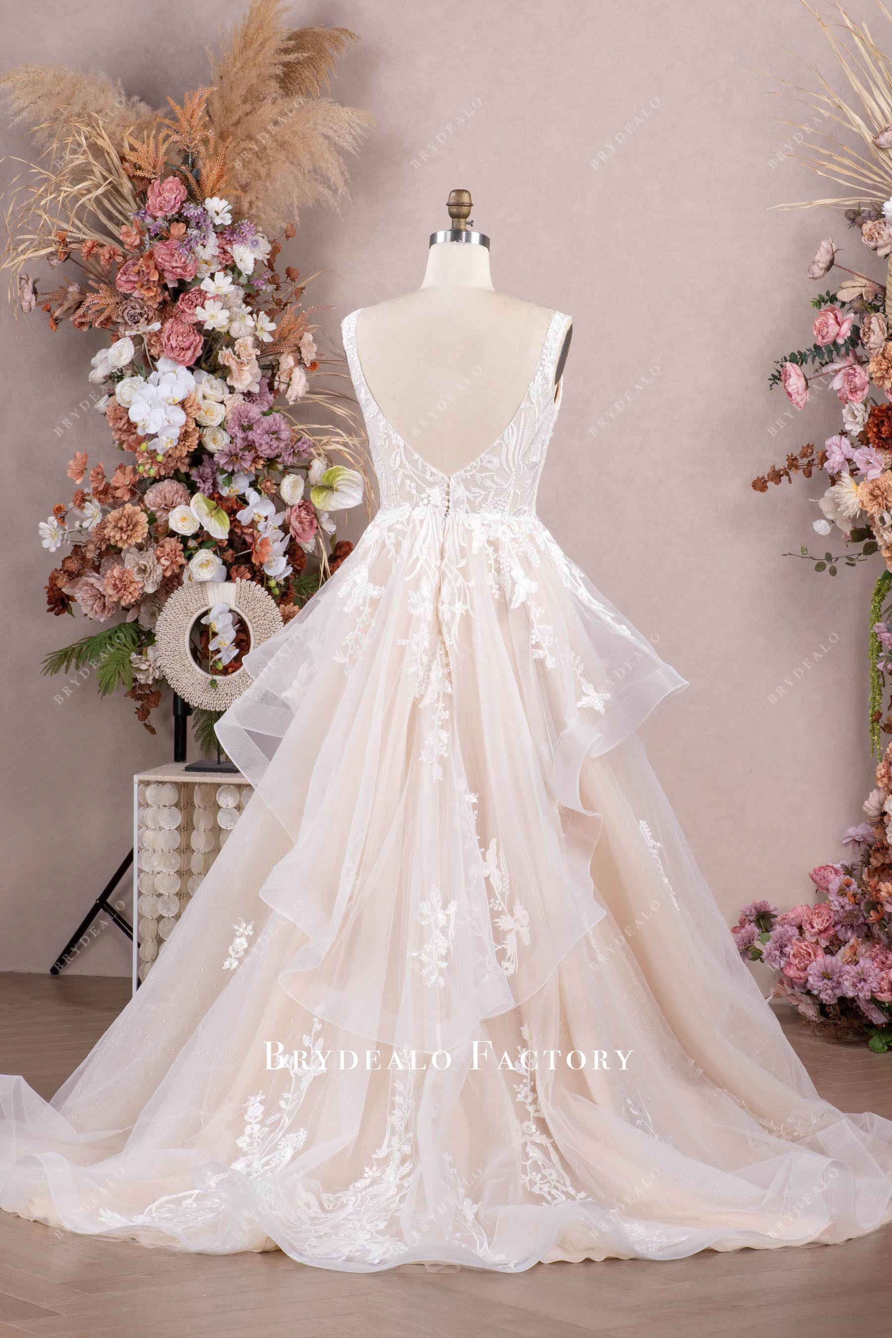 champagne ruffled lace wedding dress