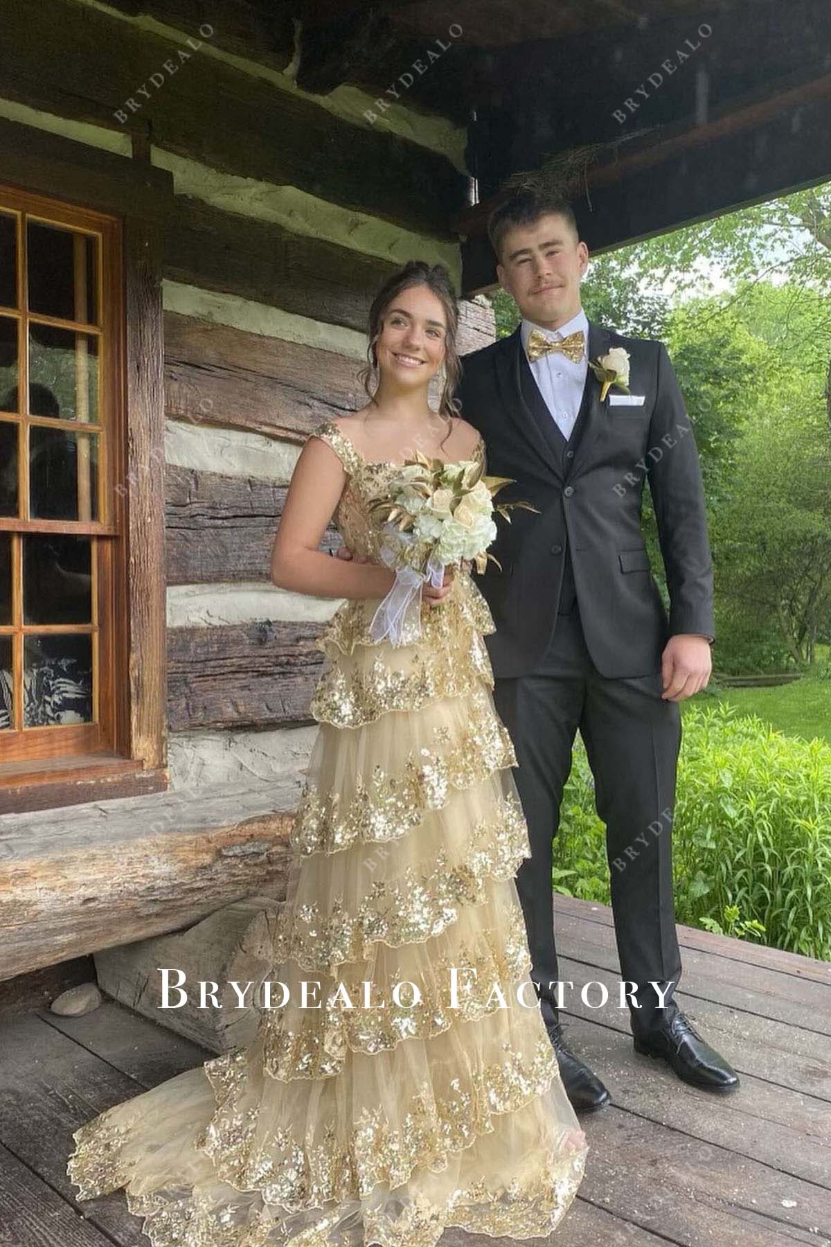 Champagne Sequined Layered A-Line Homecoming Dress