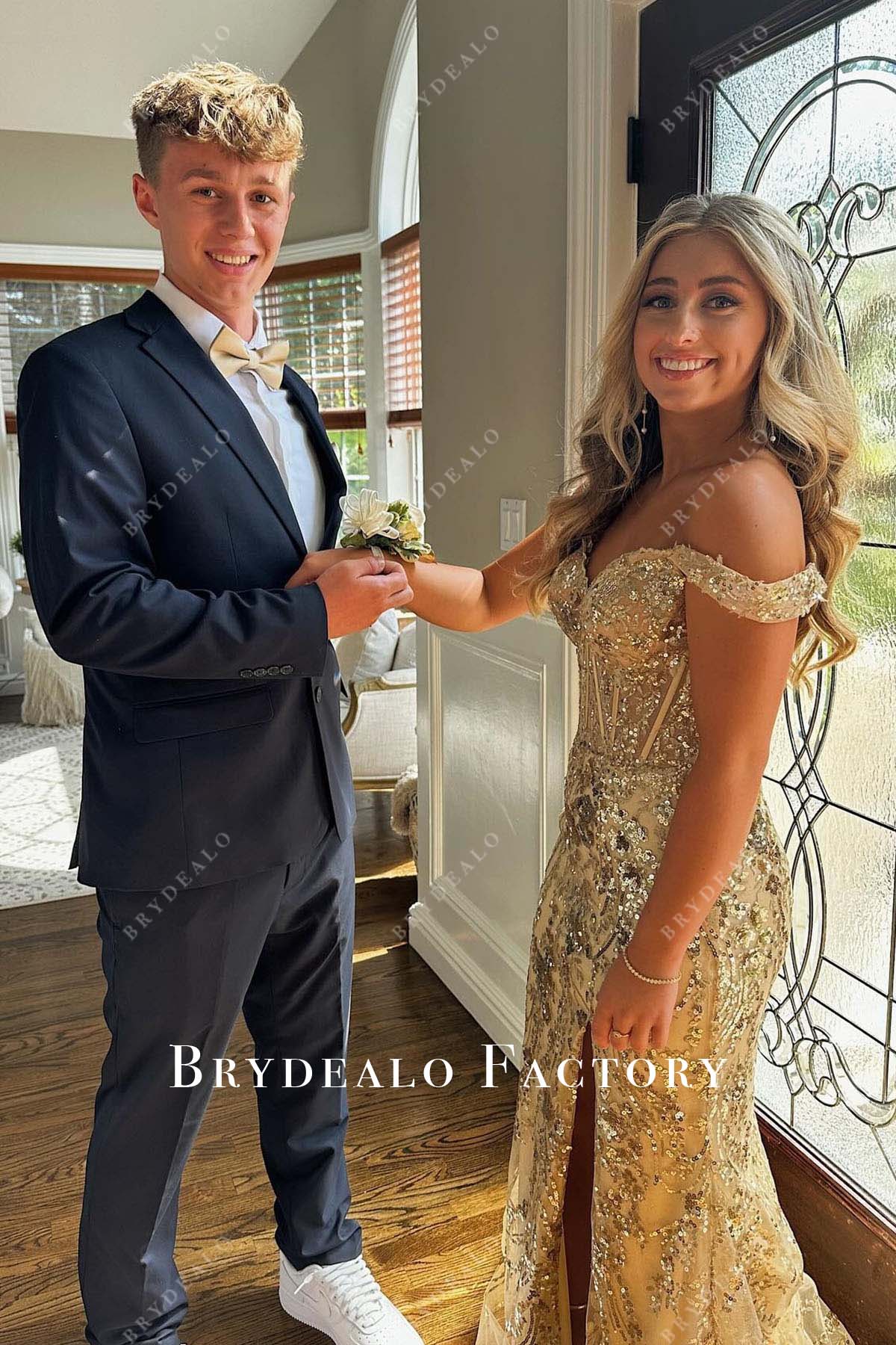 Champagne Sequined Off Shoulder Homecoming Dress