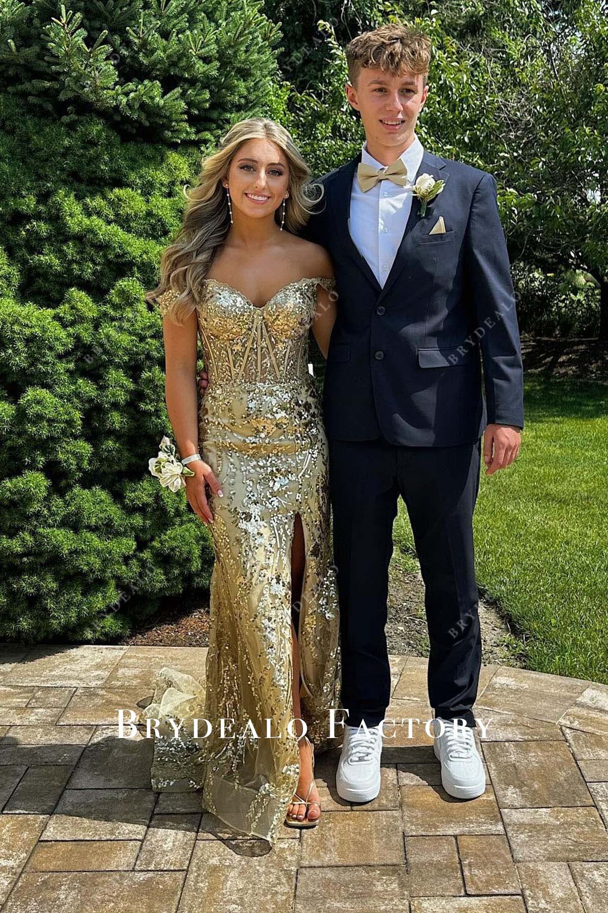 Champagne Sequined Off Shoulder Homecoming Dress Champagne Sequined Off Shoulder Homecoming Dress