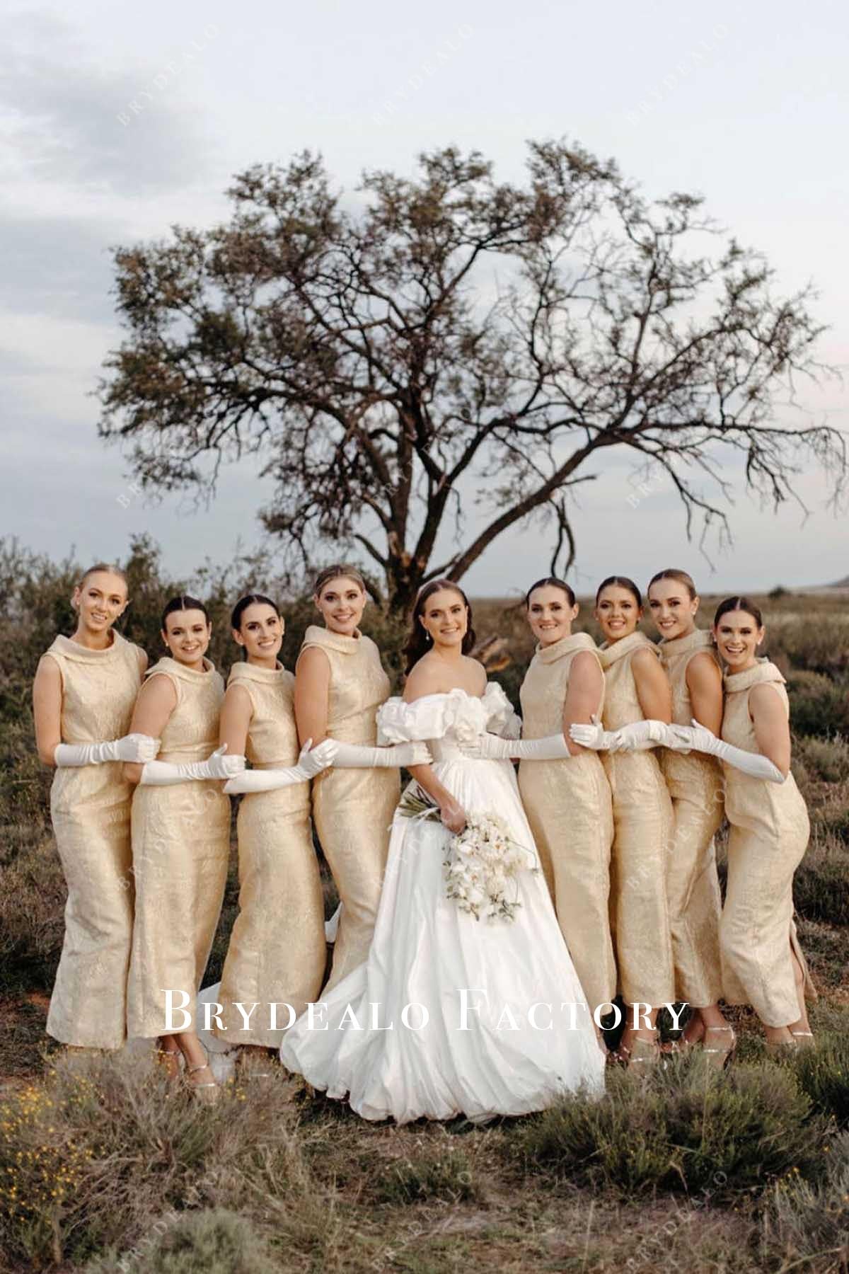Champagne Jacquard High Neck Column Bridesmaid Dress Champagne Jacquard High Neck Column Bridesmaid Dress