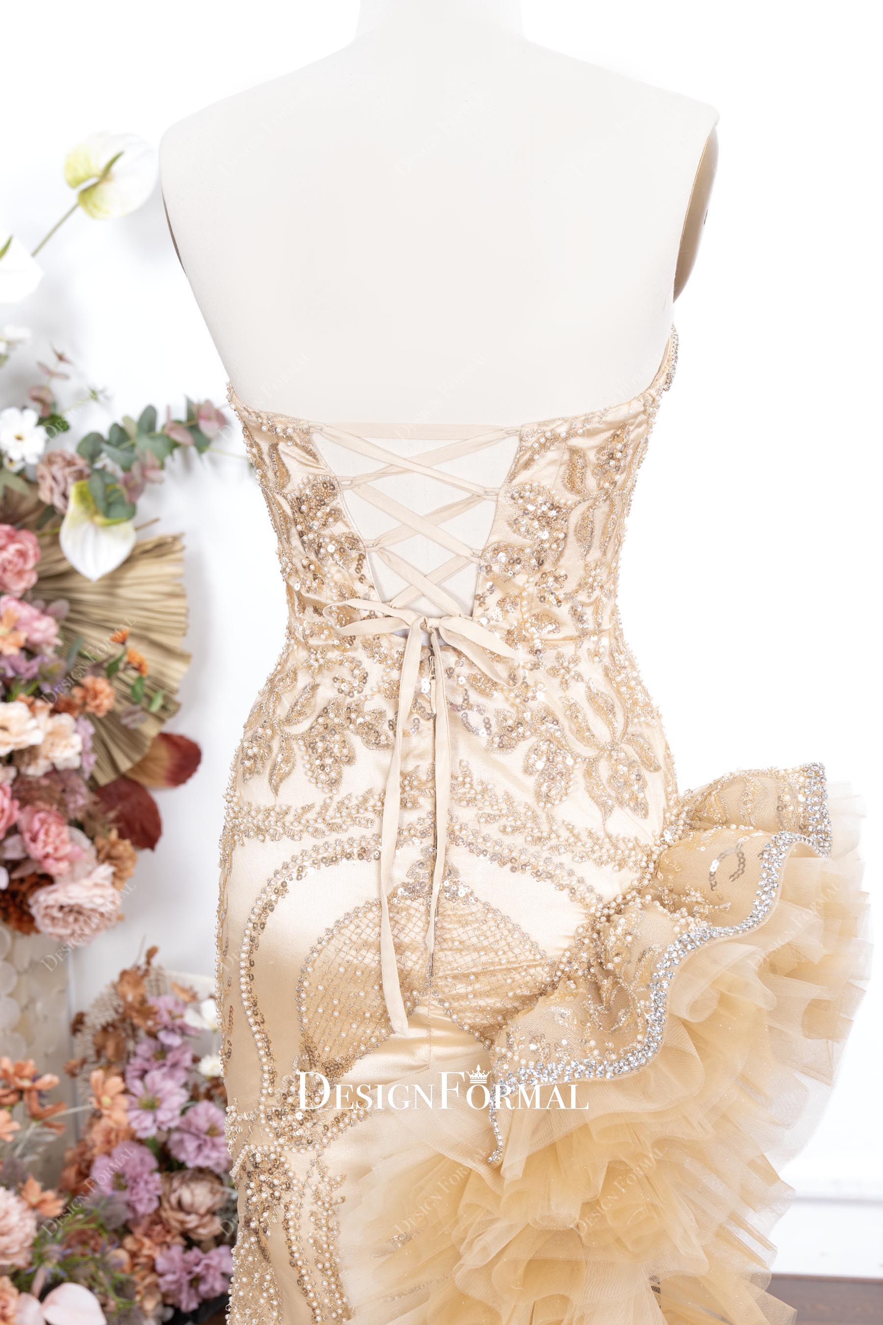 champagne strapless lace up back prom dress