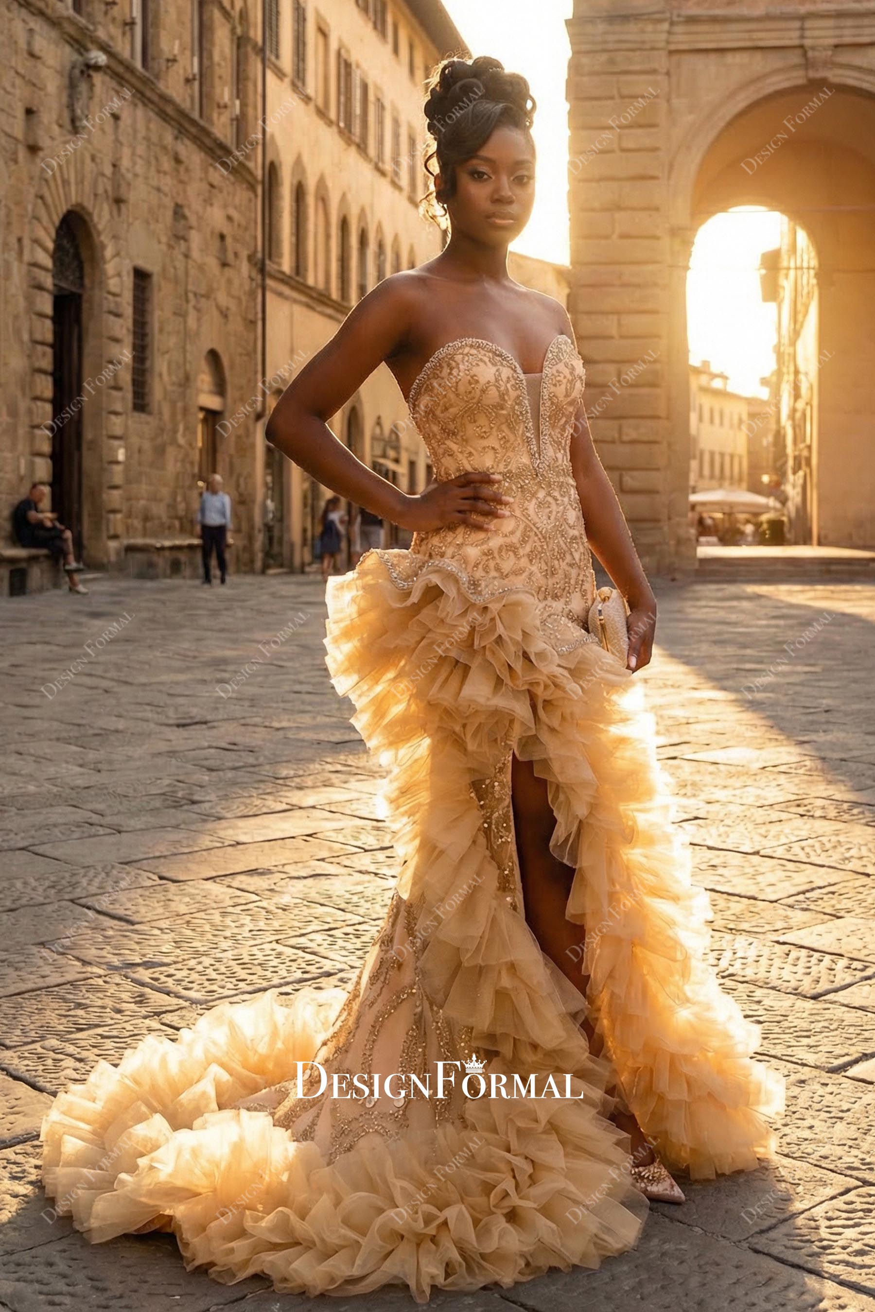 champagne gold mermaid prom dress Vintage Champagne Gold Mermaid Beaded Sequin Chiffon Long Prom Dress E PreppyDress