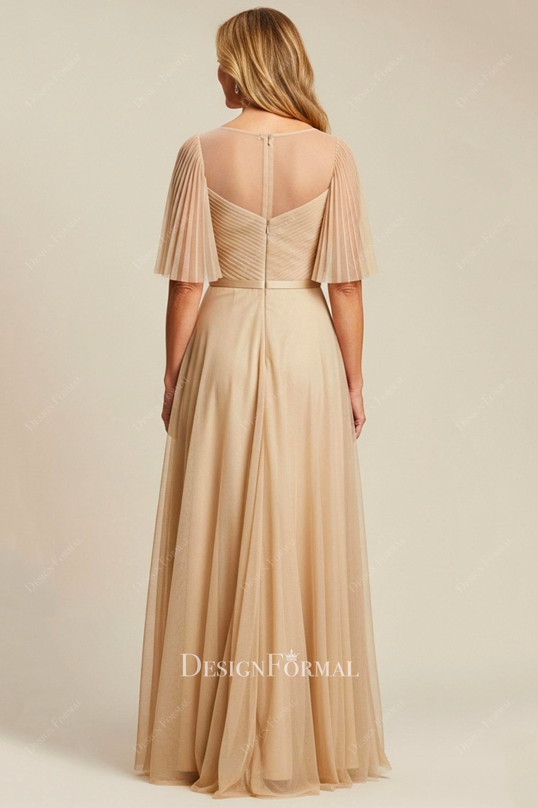 champagne tulle illusion back mother of bride dress