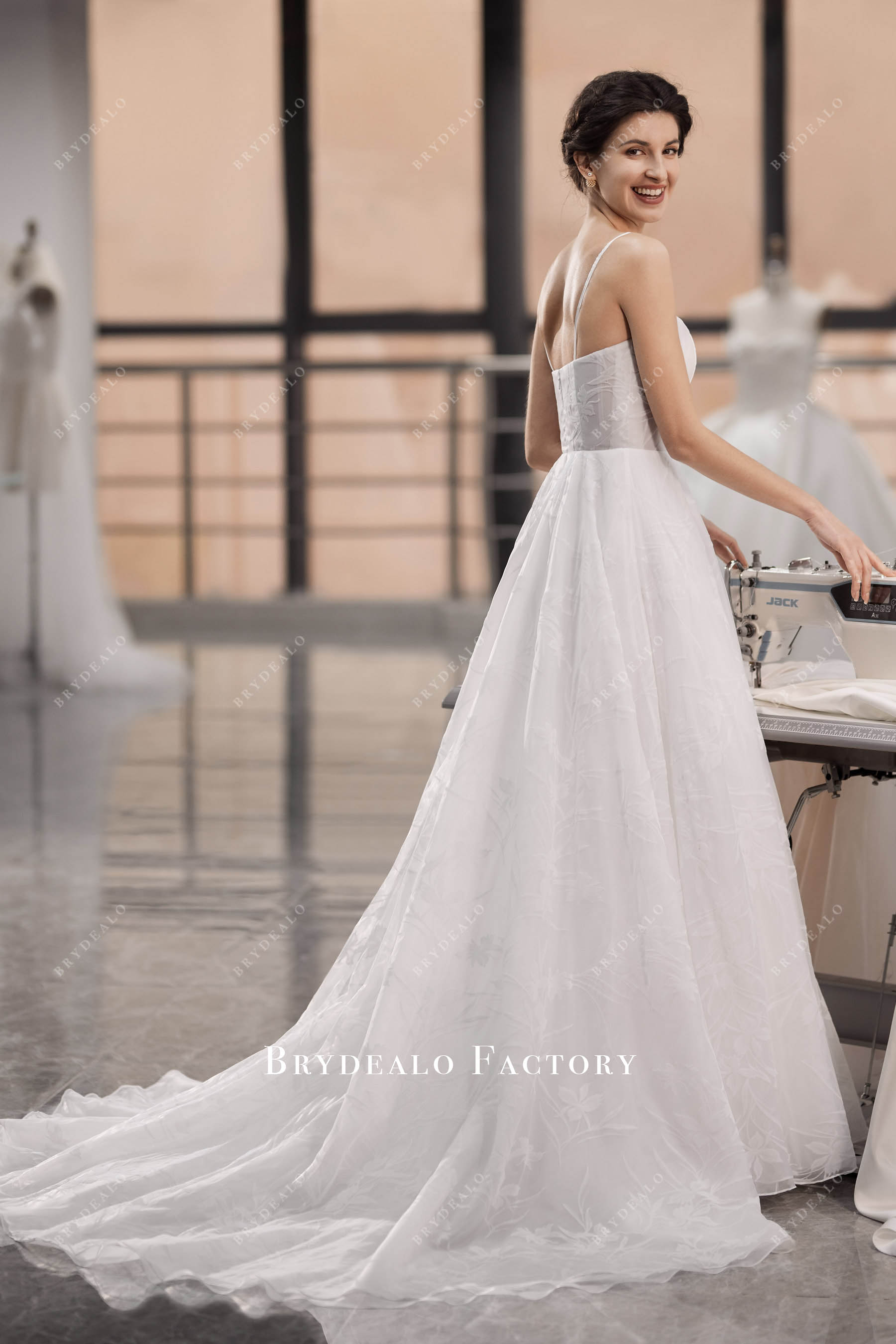 long train floral organza A-line spring wedding dress