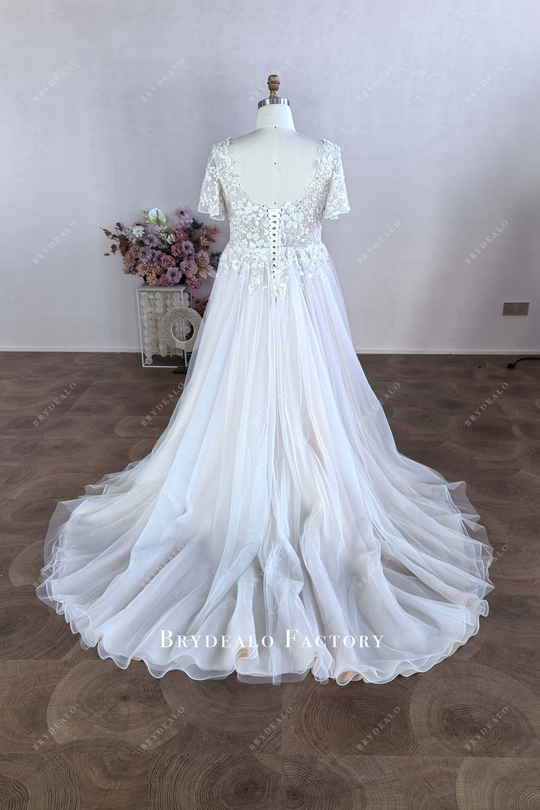 chapel train lace champagne wedding dress