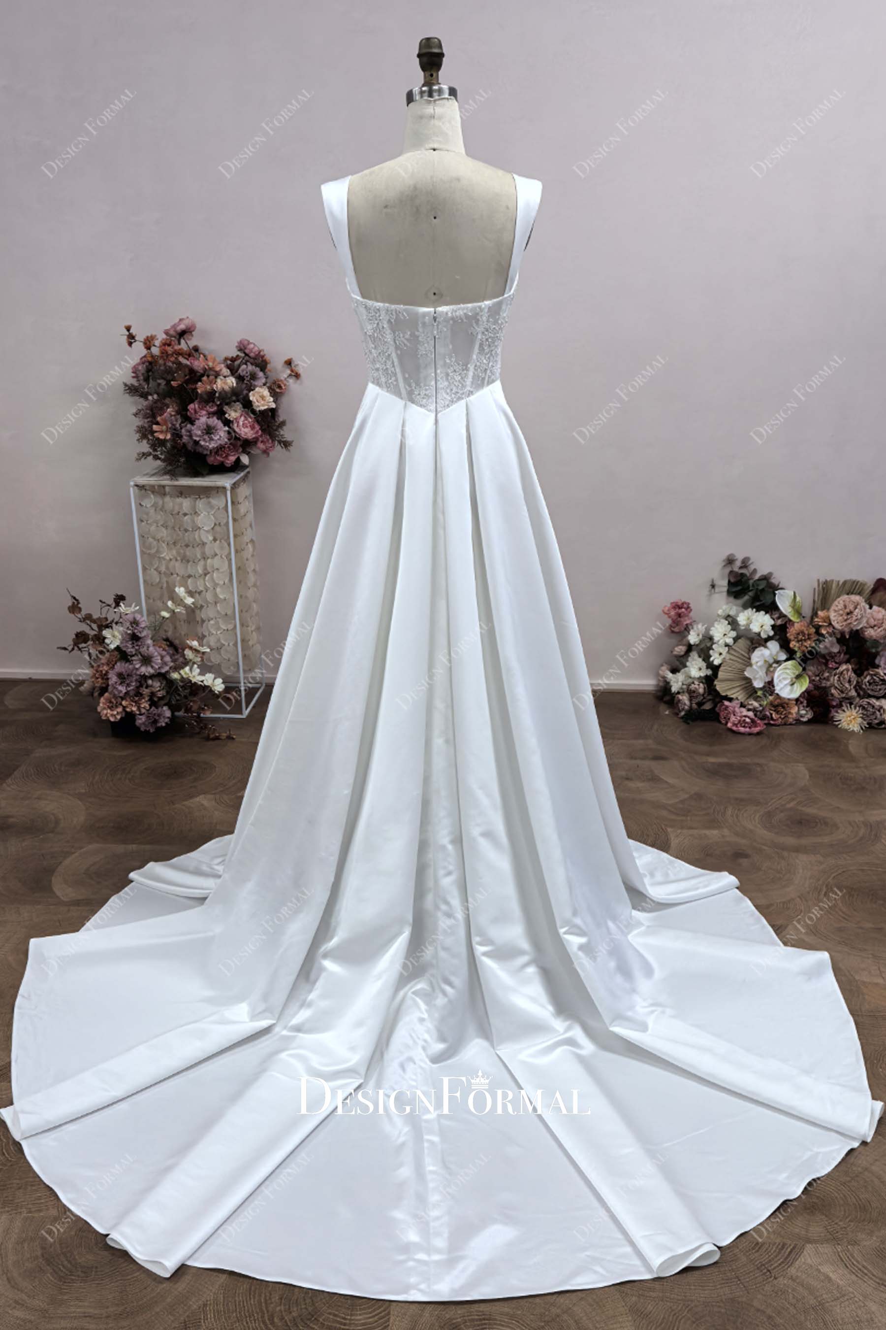chapel train sleeveless wedding dress
