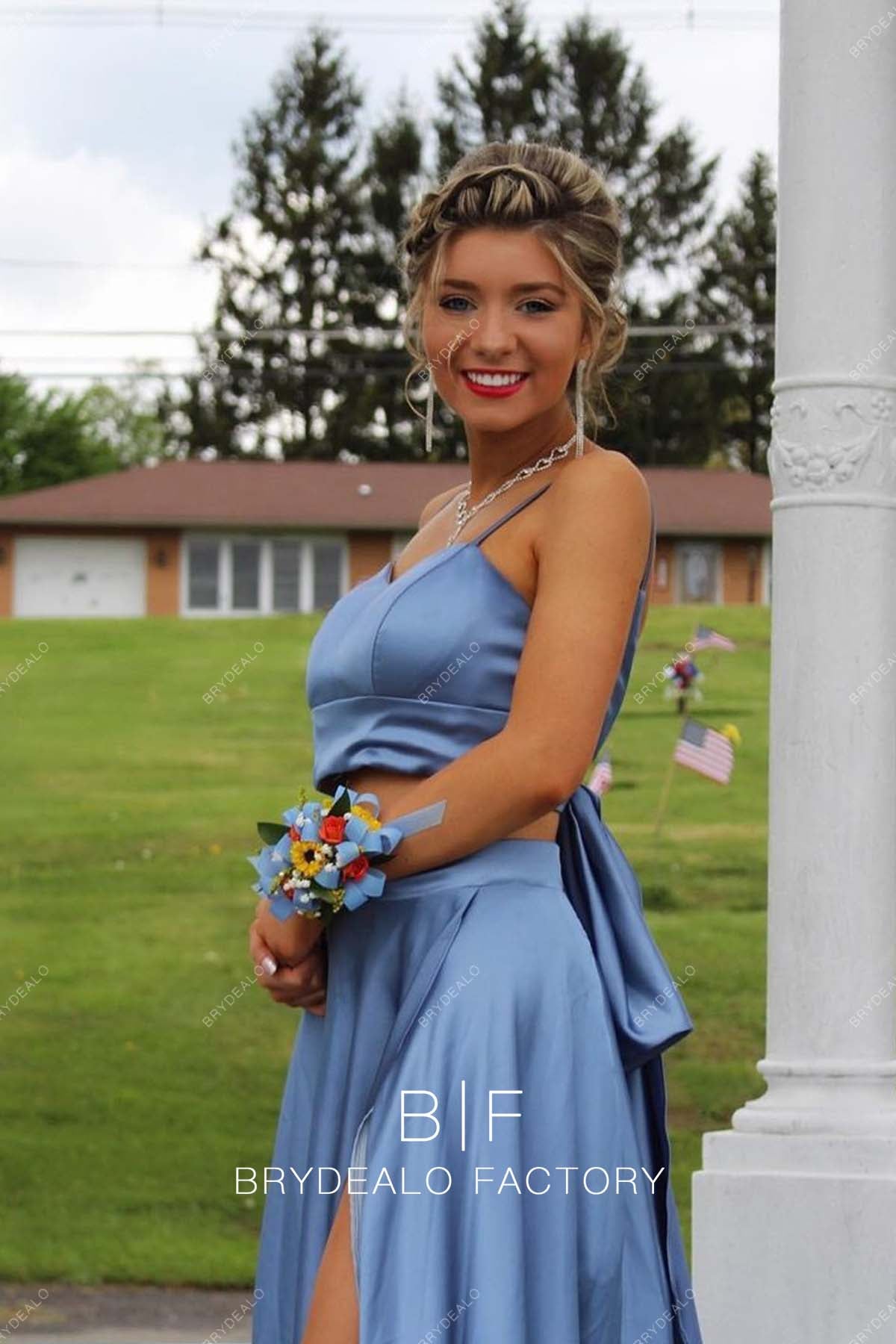 Slate Blue Two-piece Charmeuse Slit A-line Prom Dress Slate Blue Two-piece Charmeuse Slit A-line Prom Dress