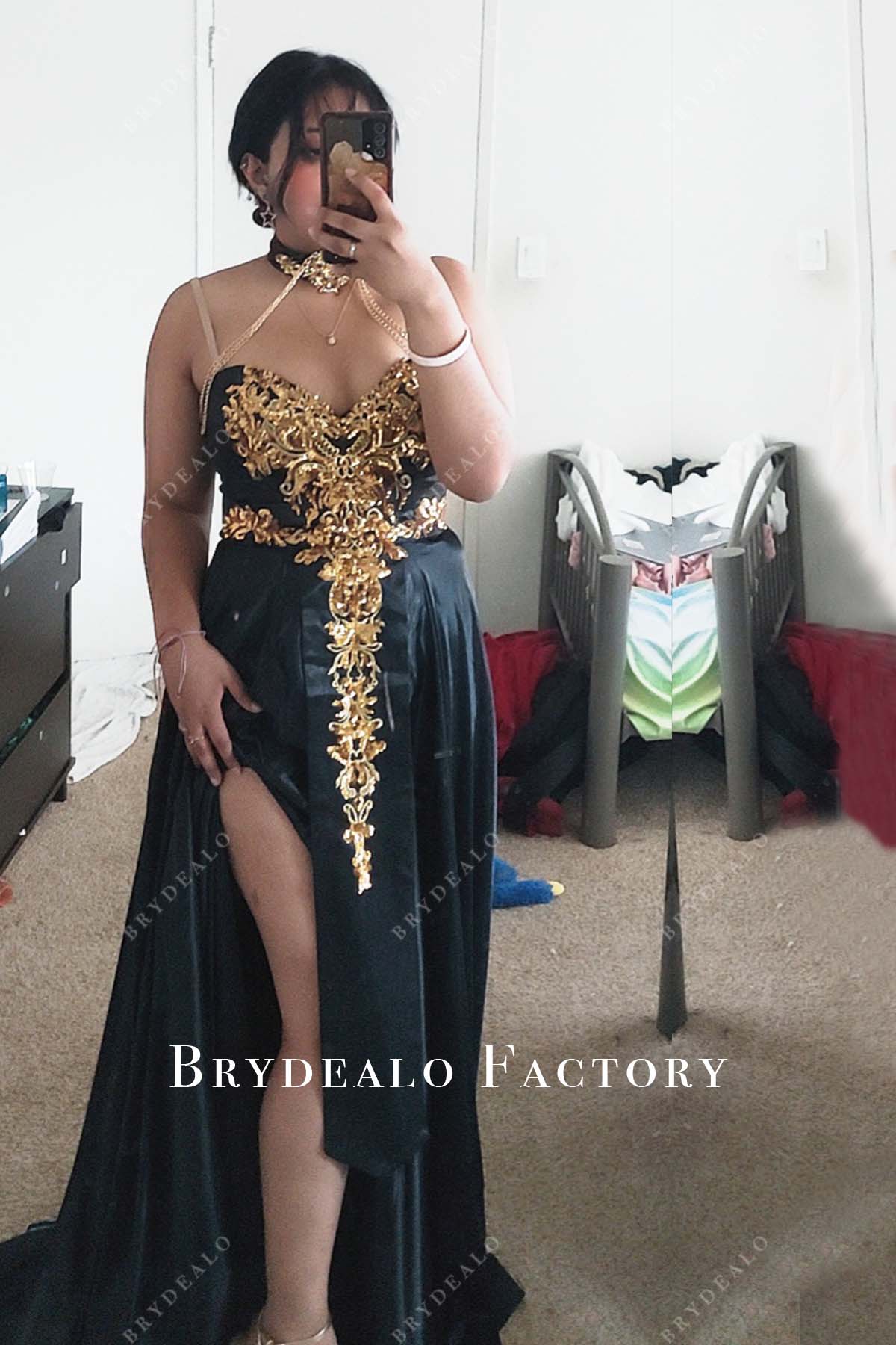 choker neck gold slit senior prom dress