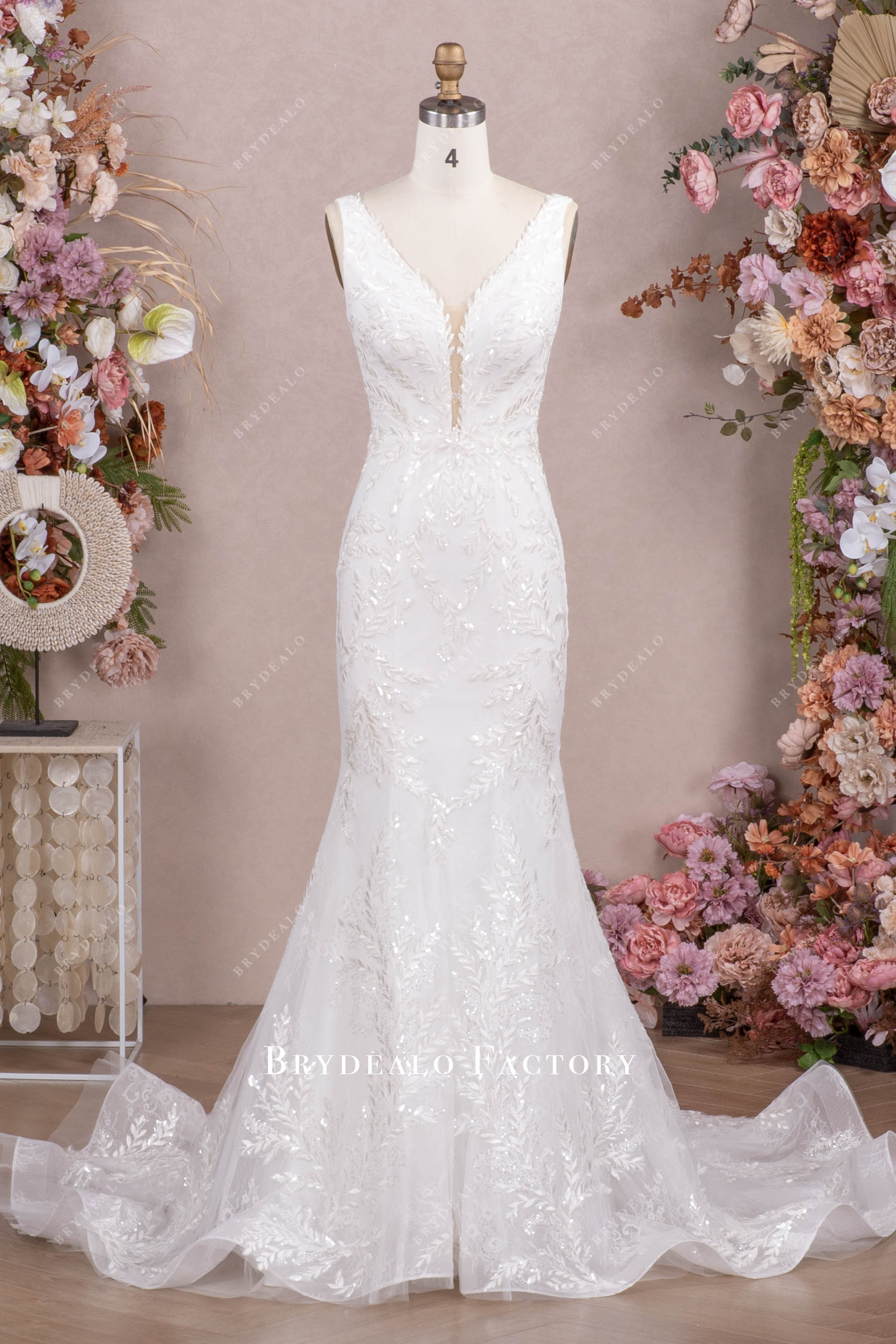 Plunging Neck Shimmer Lace Mermaid Horsehair Destination Bridal Dress