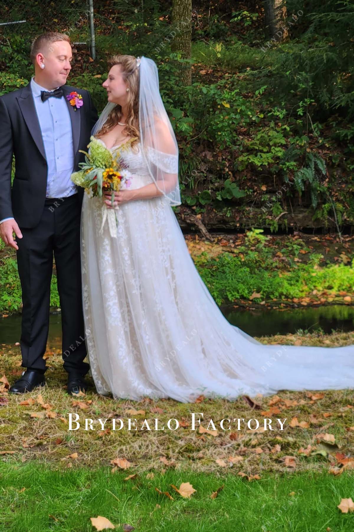 Custom Lace Empire Puffy A-line Pregnant Bridal Dress, Nude Beige Custom Lace Empire Puffy A-line Pregnant Bridal Dress, Nude Beige