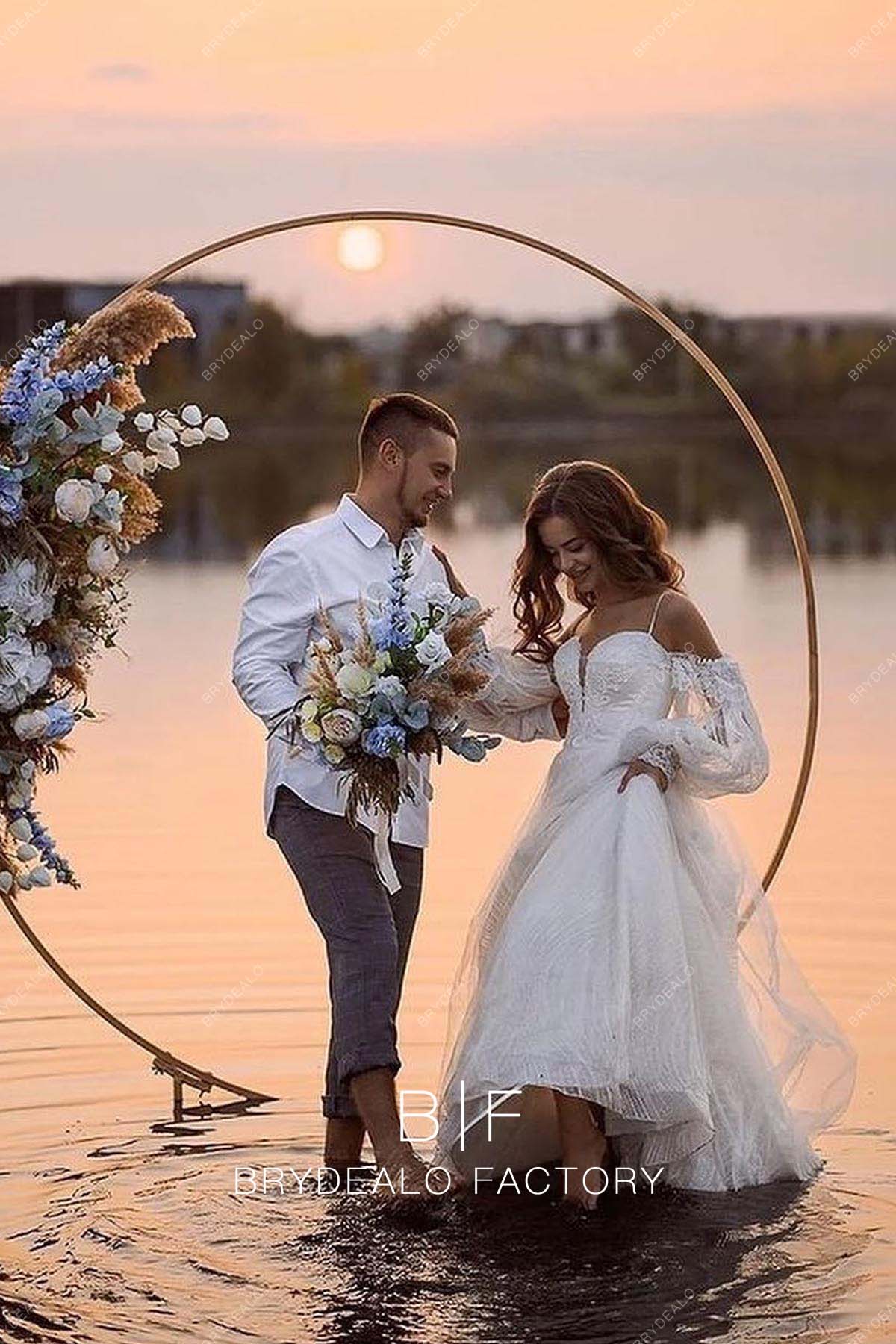 Cold Shoulder Designer Lace Plunging Neck Beach Wedding Dress