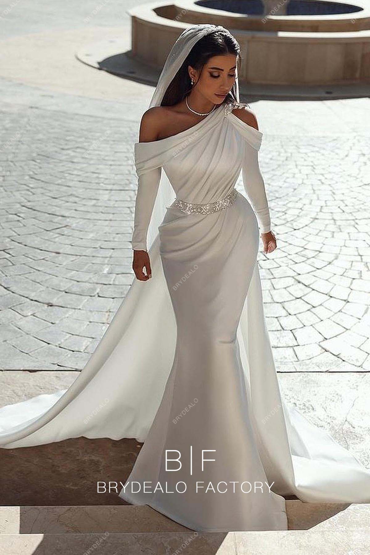 White Satin Classic Cold Shoulder Grecian Mermaid Custom Bridal Dress