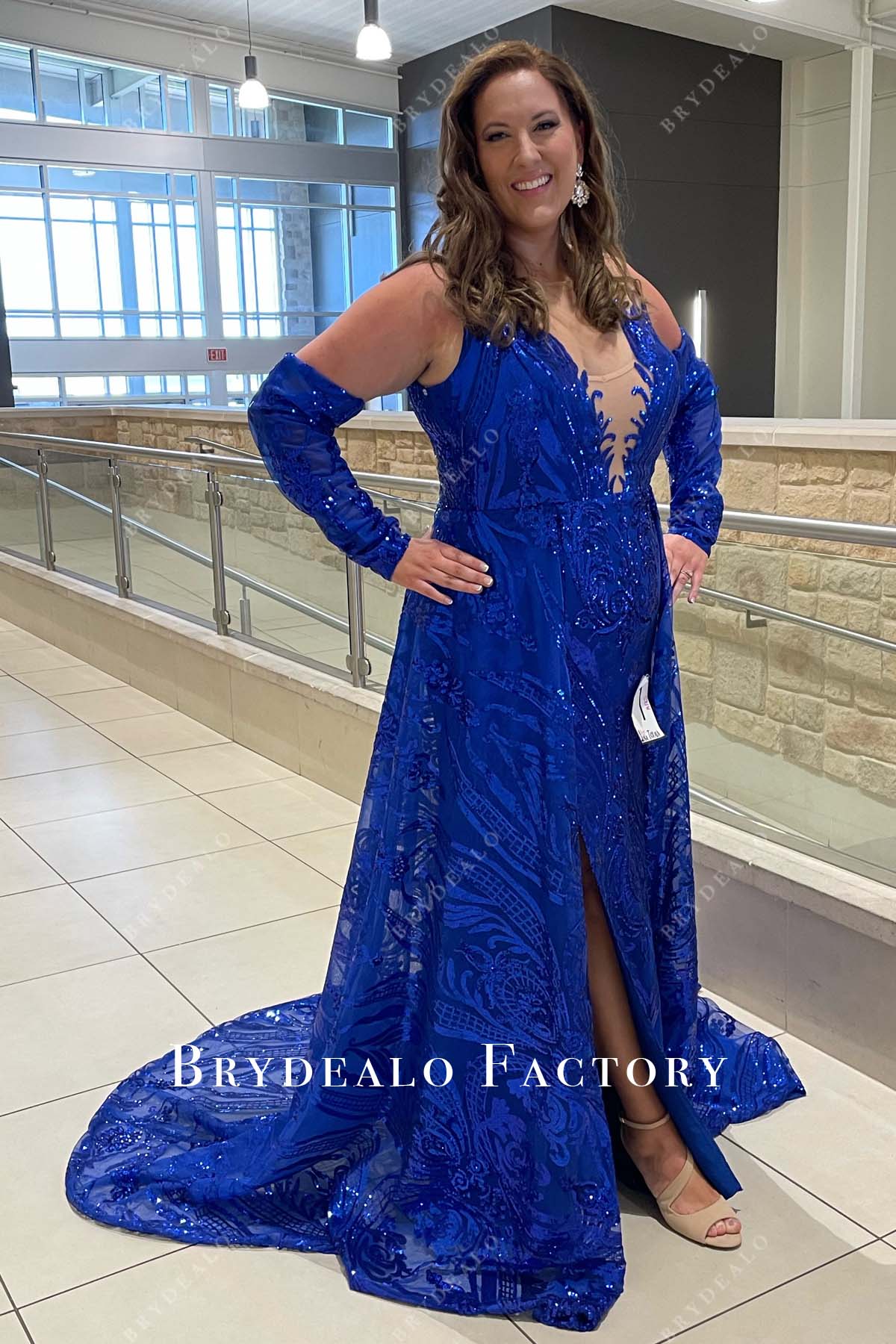Blue Sequin Plus Size Off Shoulder Plunging Panel Train Prom Dress Blue Sequin Plus Size Off Shoulder Plunging Panel Train Prom Dress
