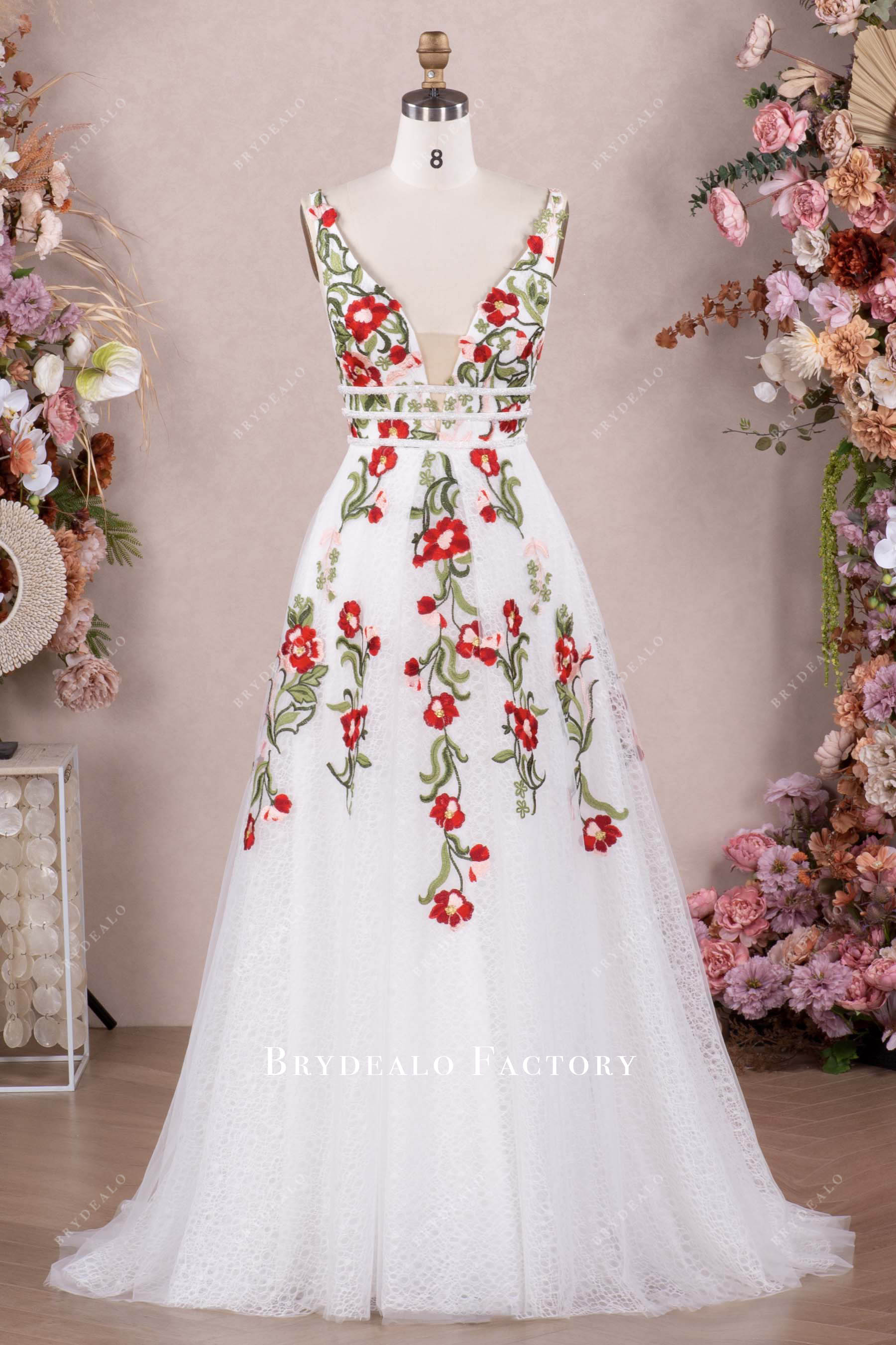 Colorful Flower Lace Appliques Plunging A-Line Wedding Dress