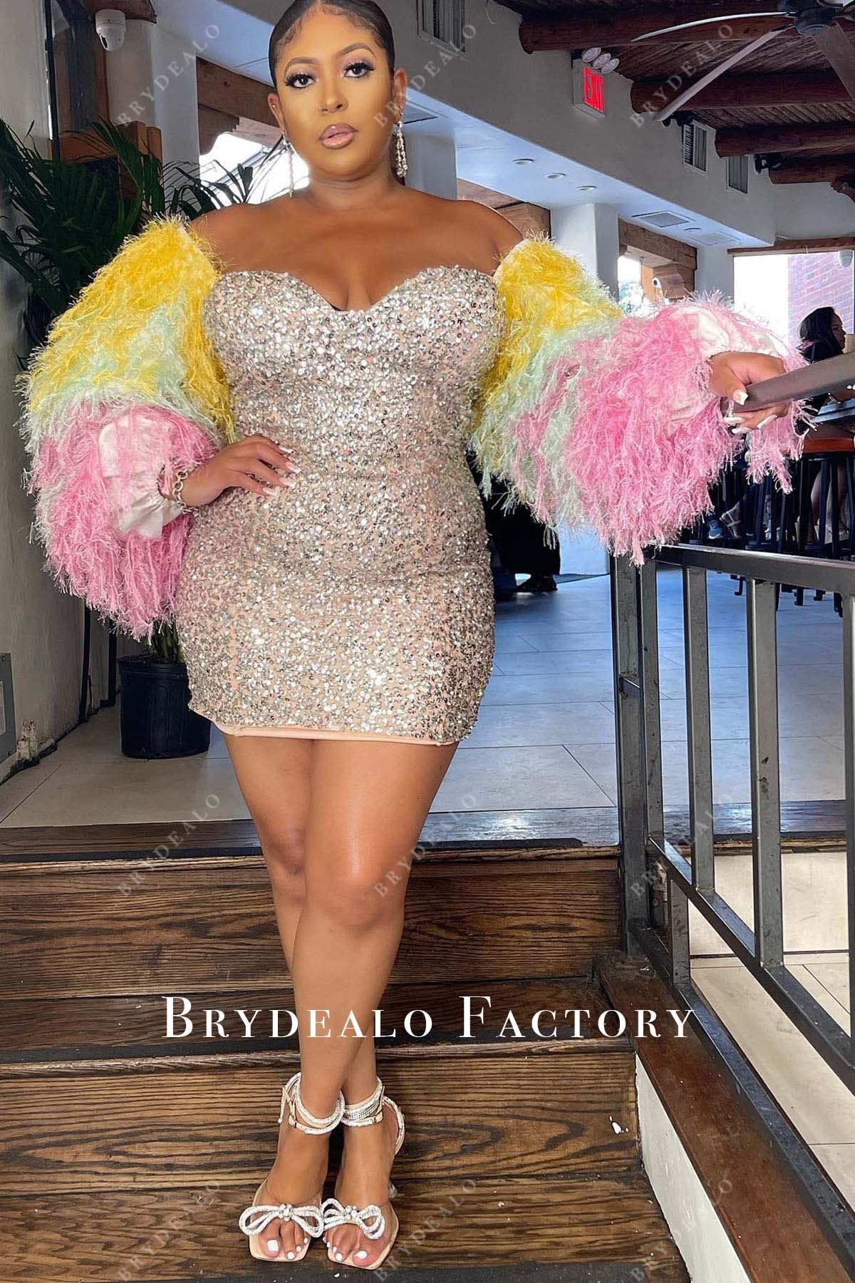mini long sleeve prom dresses Plus Size Off-Shoulder Colorful Sleeves Sequin Prom Dress