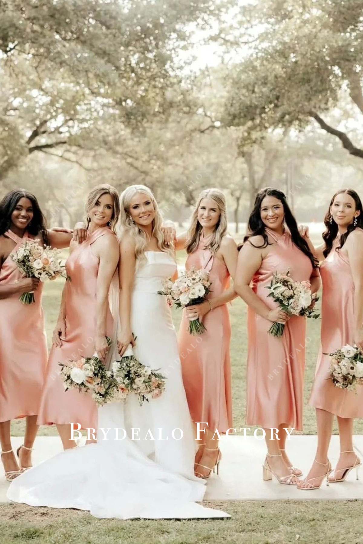 coral halter tea length bridesmaid dress