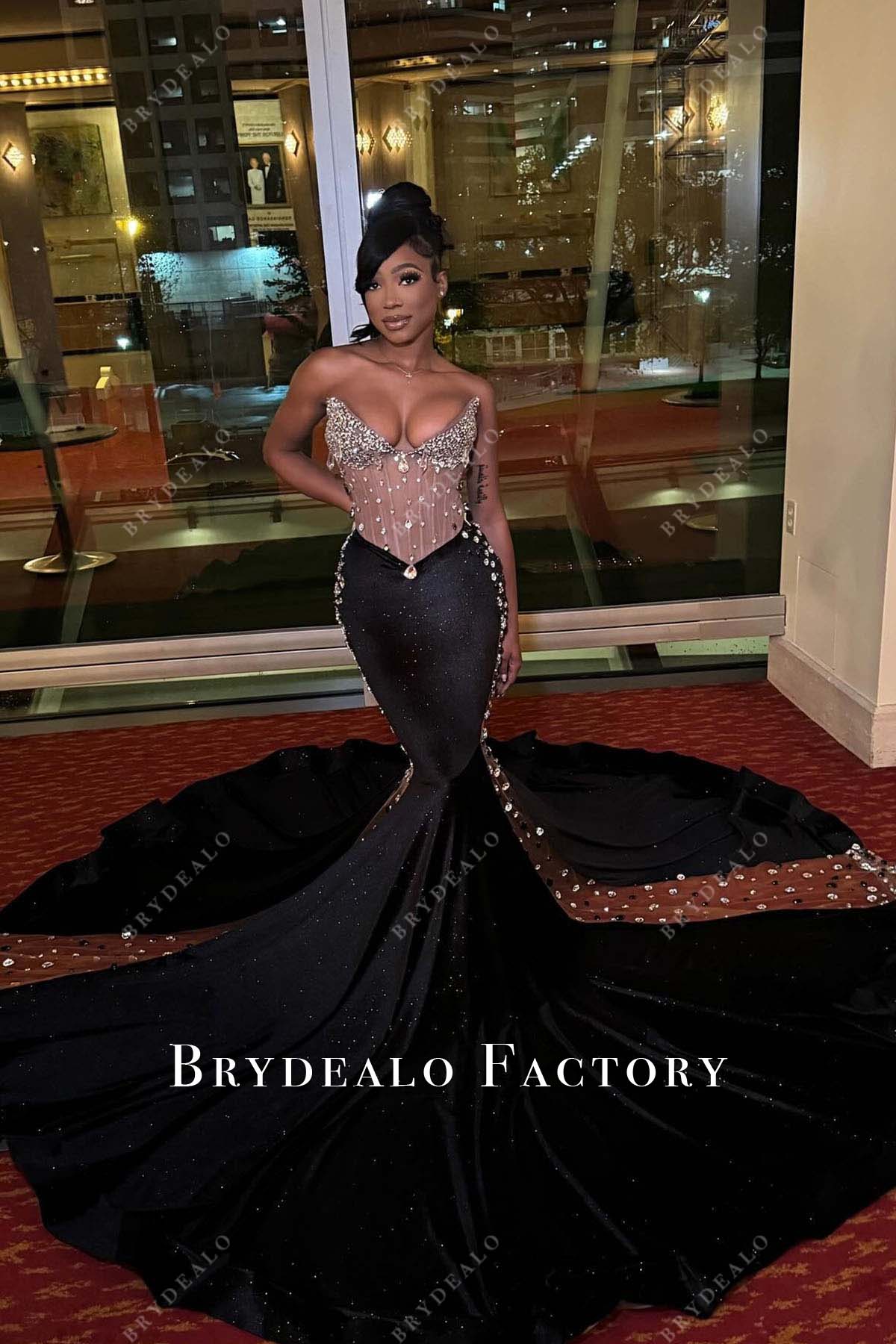 Nude Corset Black Trumpet Long Train Prom Dress