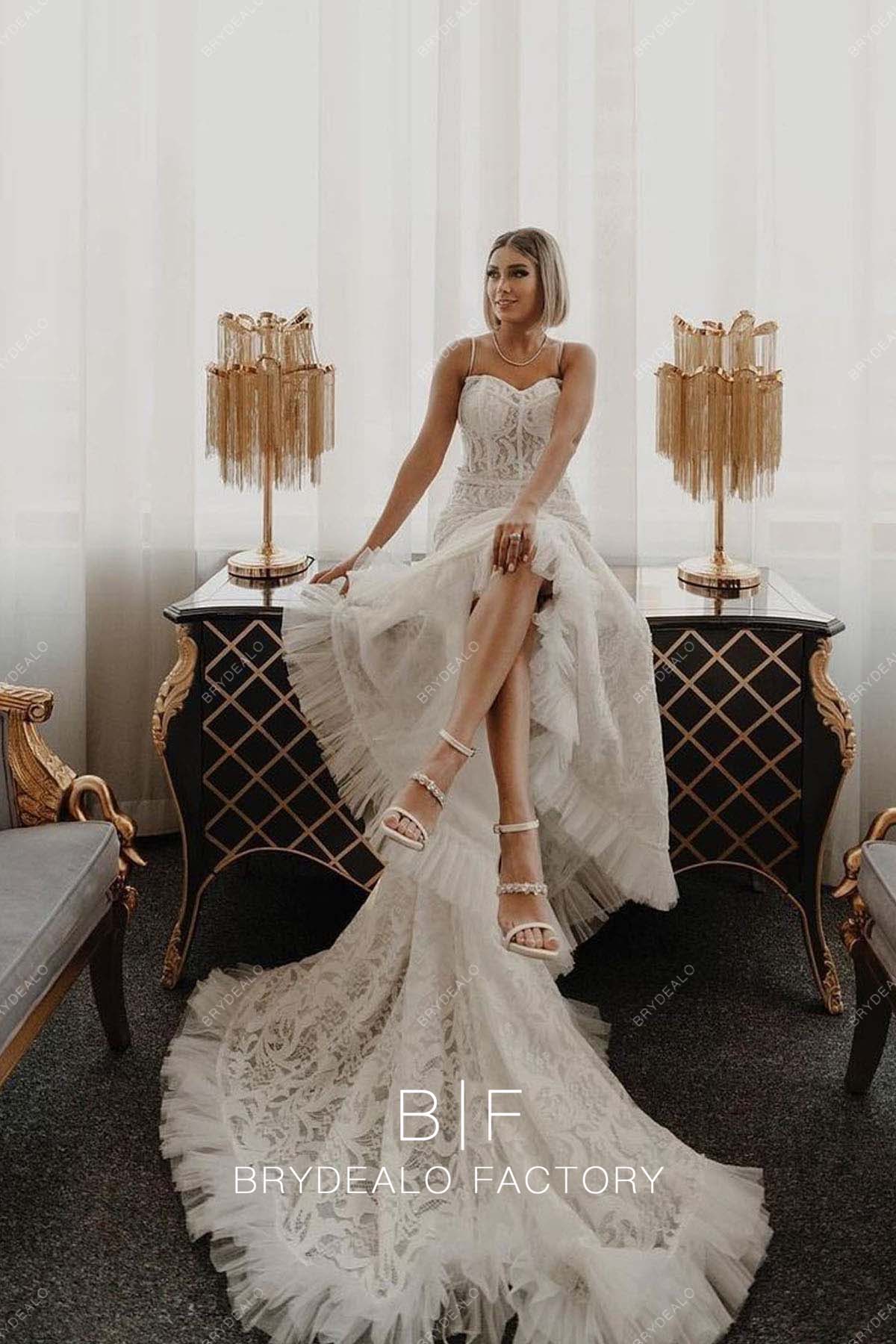 Designer Lace Spaghetti Straps Corset Trumpet Long Train Bridal Dress Designer Lace Spaghetti Straps Corset Trumpet Long Train Bridal Dress