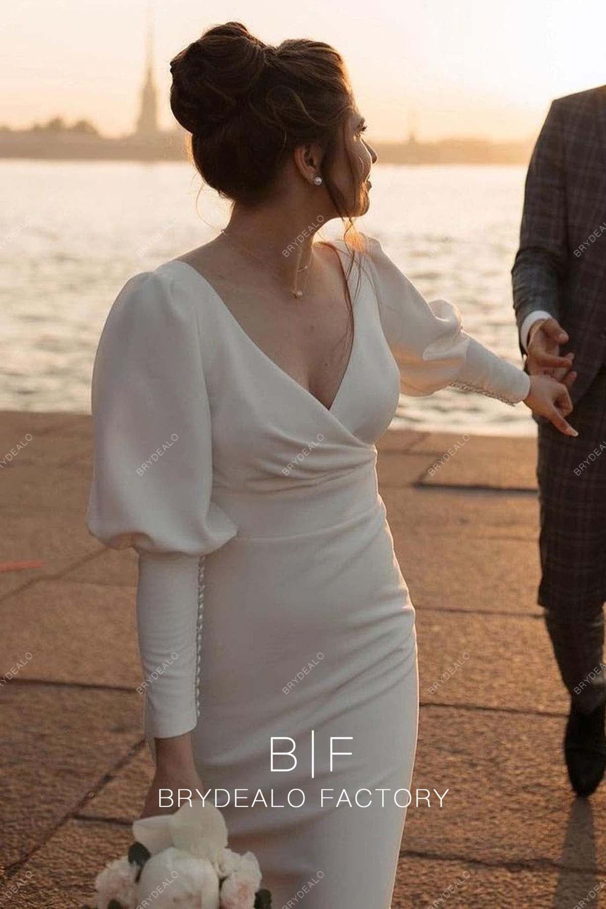 Long Juliet Sleeves V-neck Beach Custom Bridal Gown