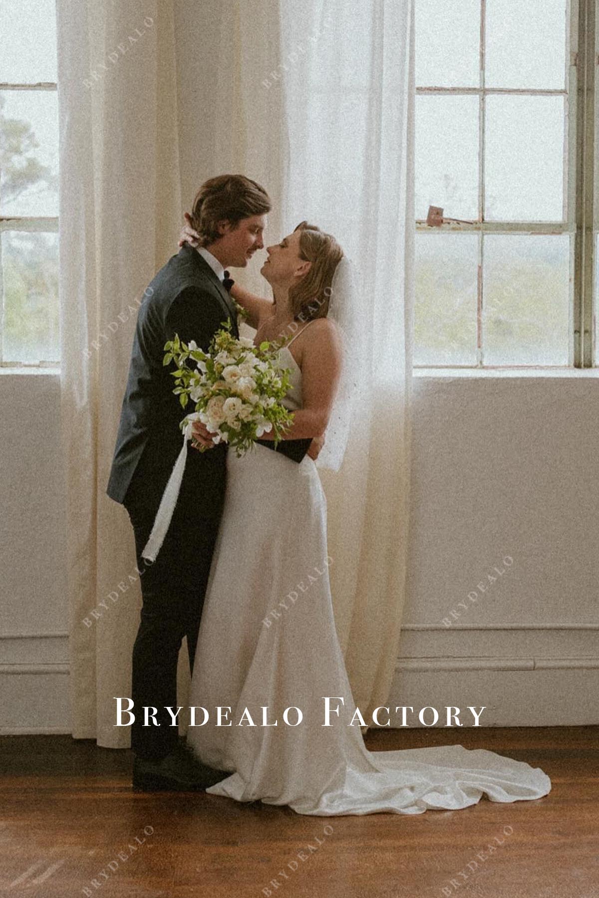 crepe long train wedding dress