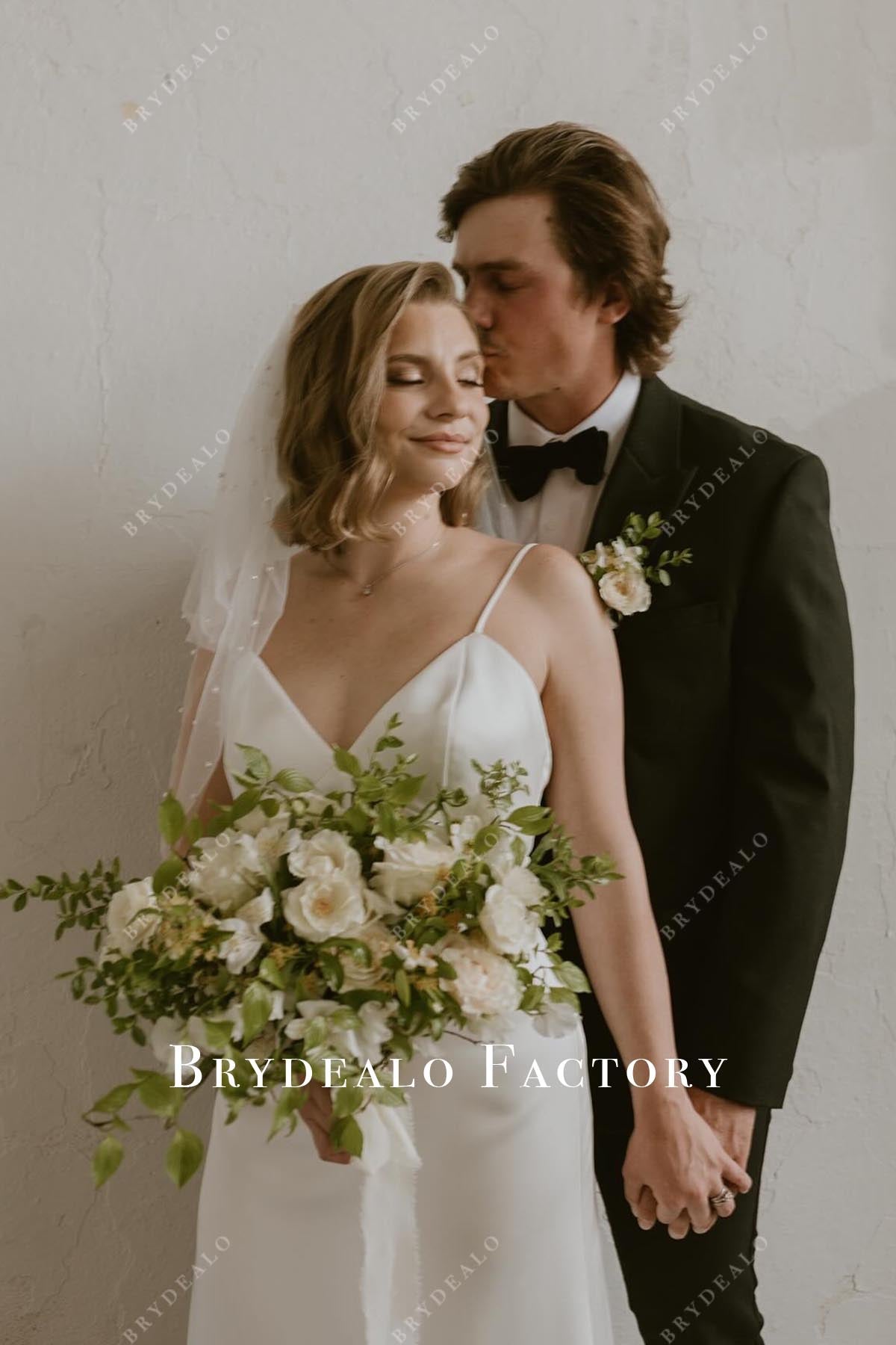 crepe thin straps wedding dress