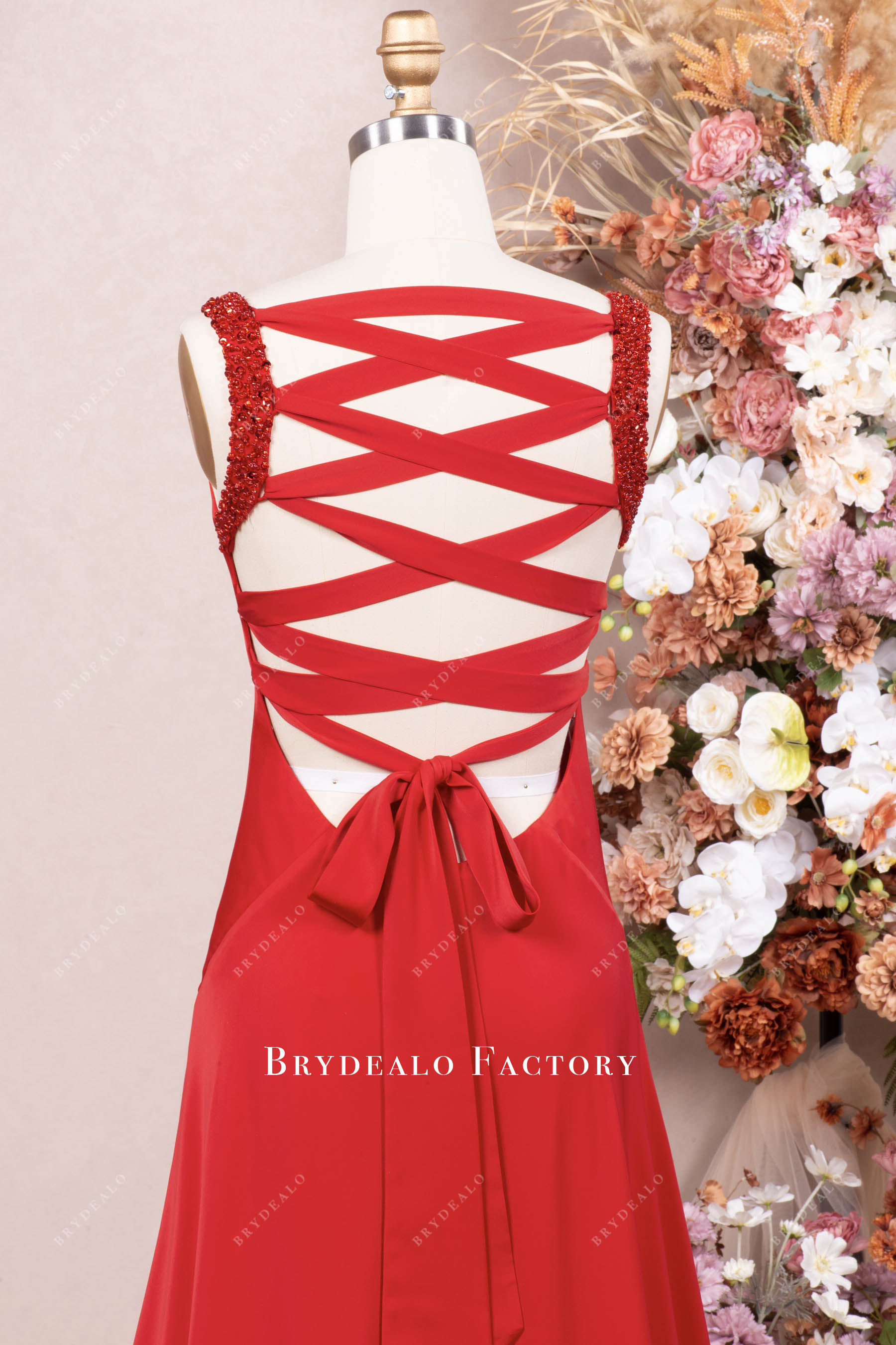 alluring criss-cross back red prom dress