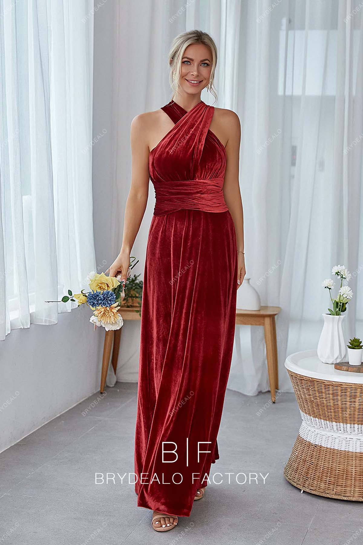 red halter neck floor length Convertible bridesmaid gown