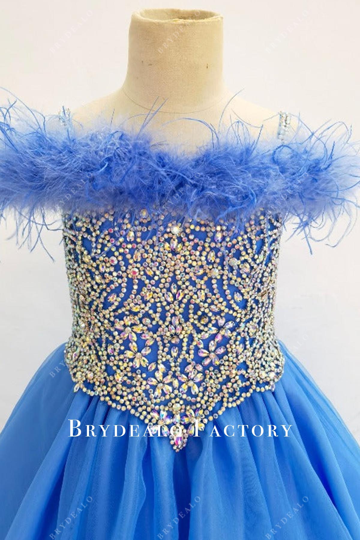 crystal blue feathered pageant dress