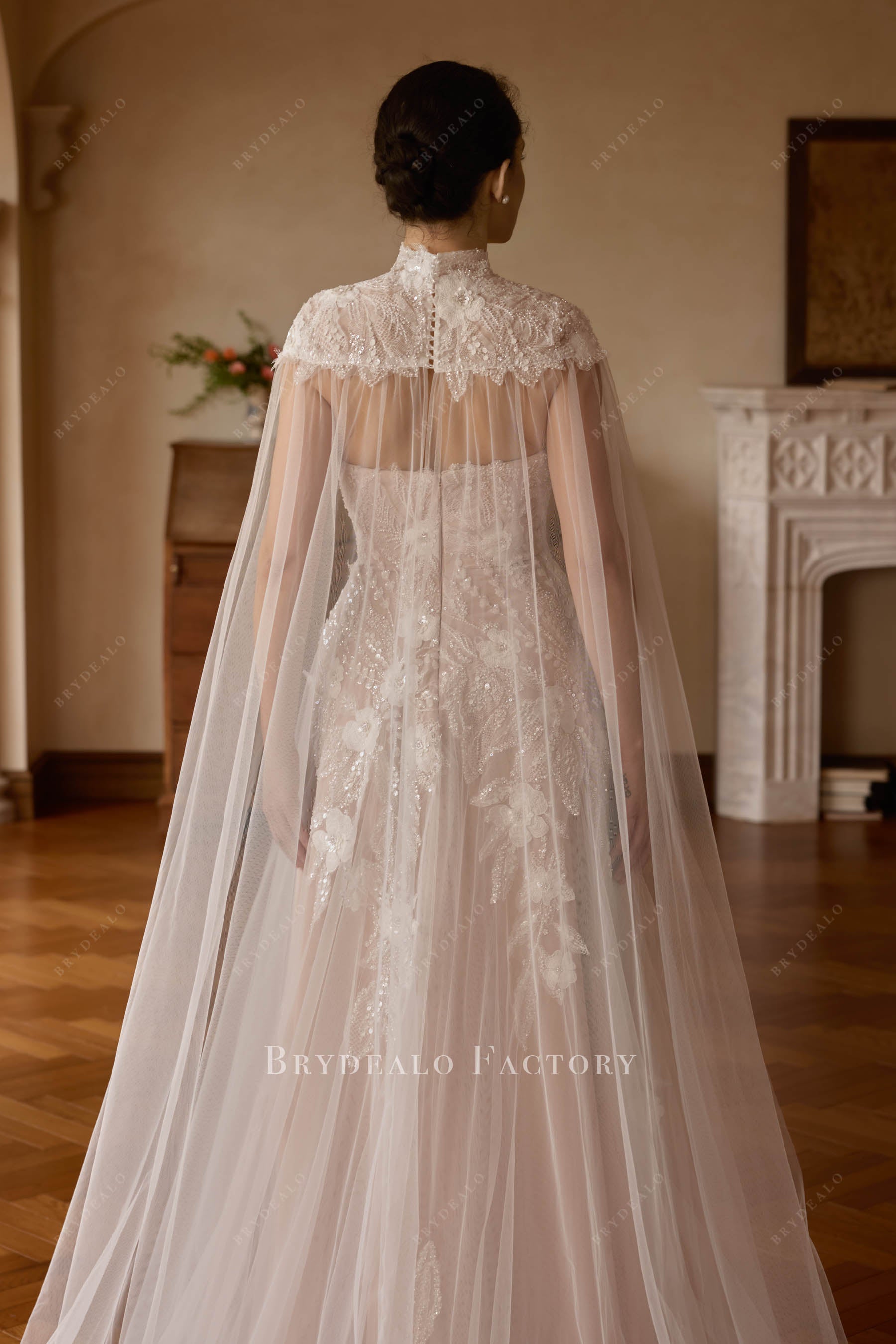 crystal button lace tulle cape bridal gown