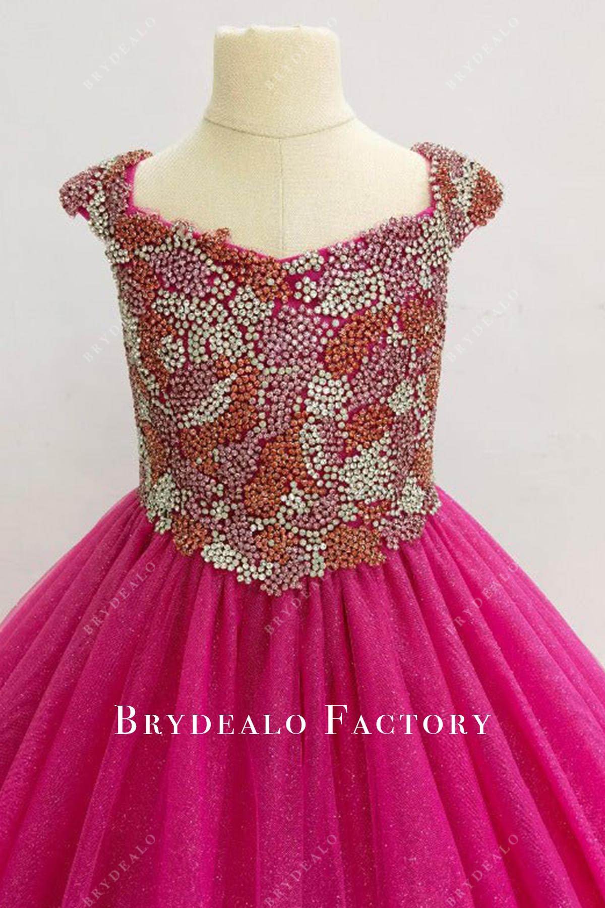 crystal fuchsia cap sleeves pageant dress