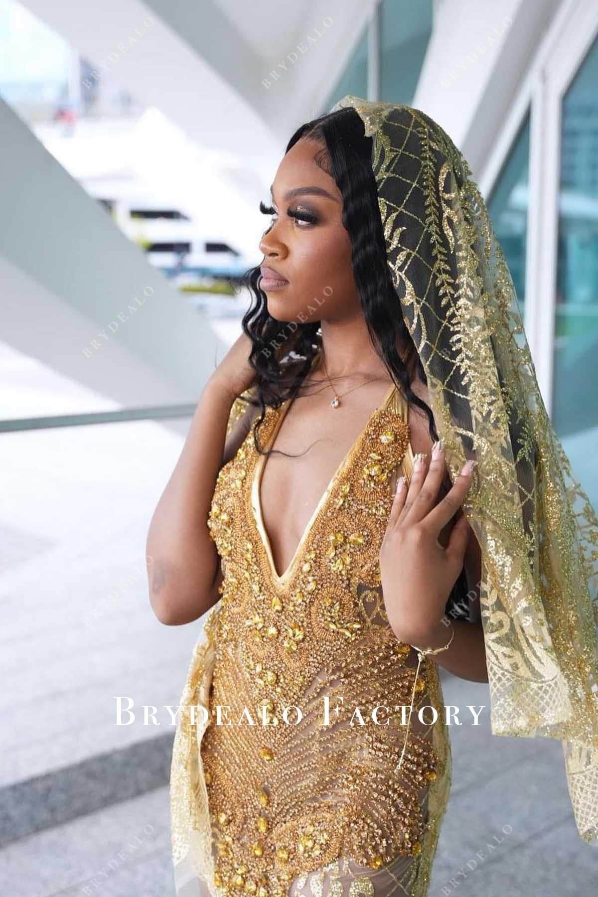 crystal gold halter v neck prom dress