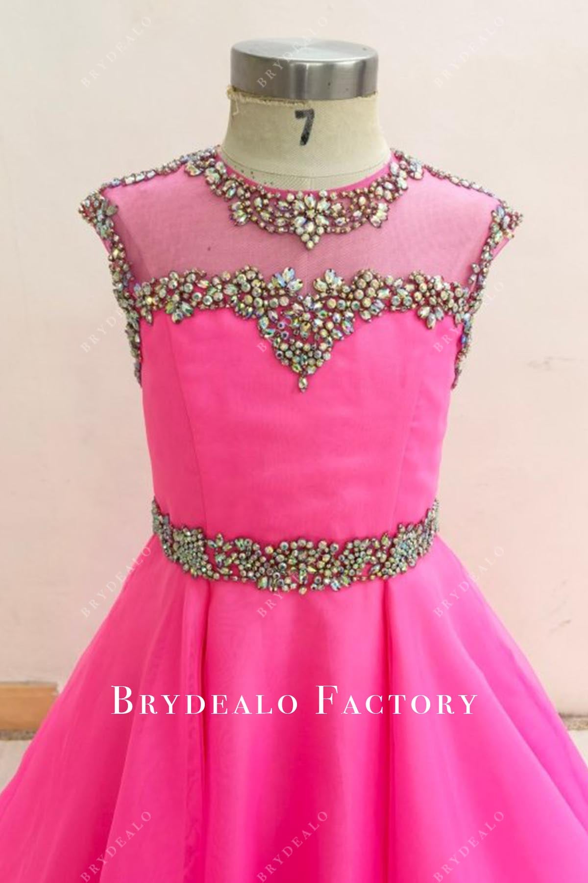 crystal hot pink crew neck pageant dress