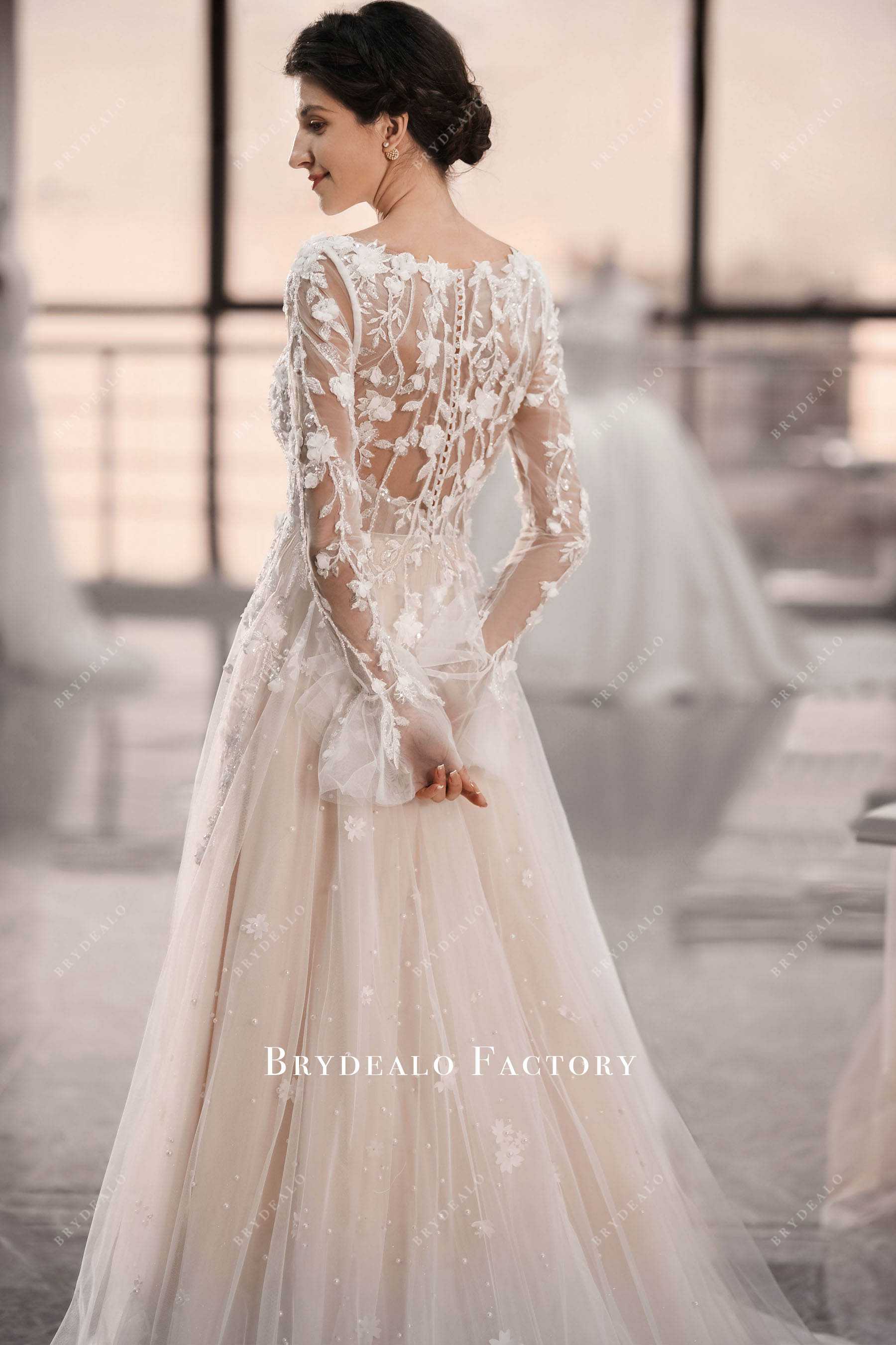 crystals illusion back long wedding dress