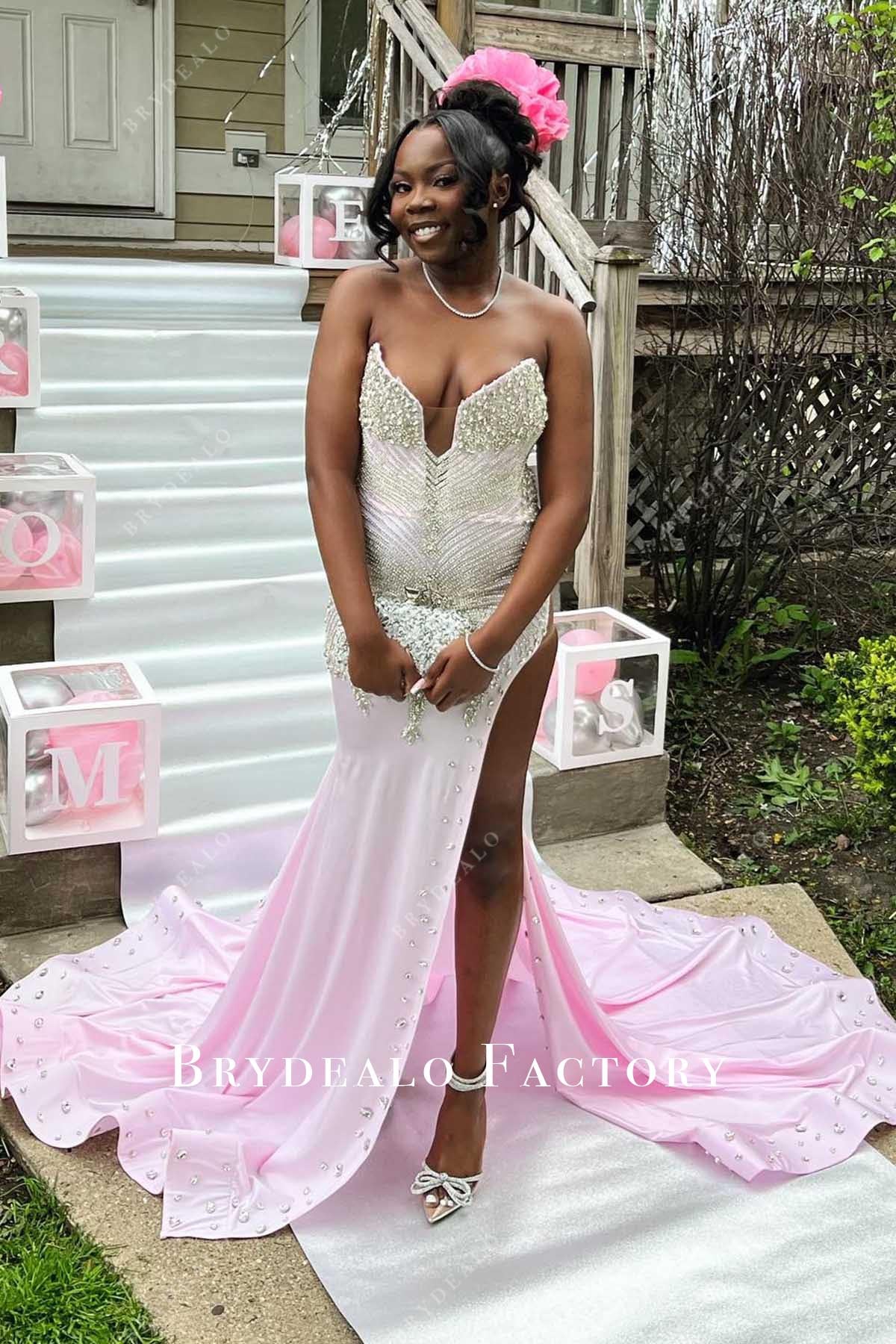 Crystal Pink Strapless Thigh Slit Trumpet Prom Dress