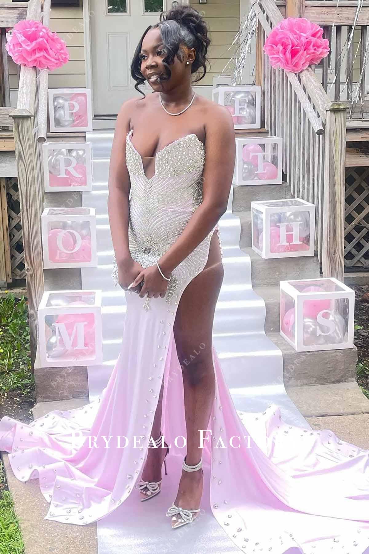 crystal pink slit prom dress