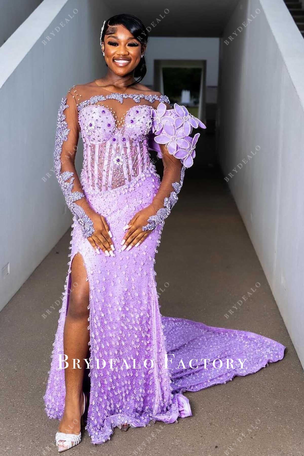 Crystals Purple Illusion Sleeves Slit Mermaid Prom Dress