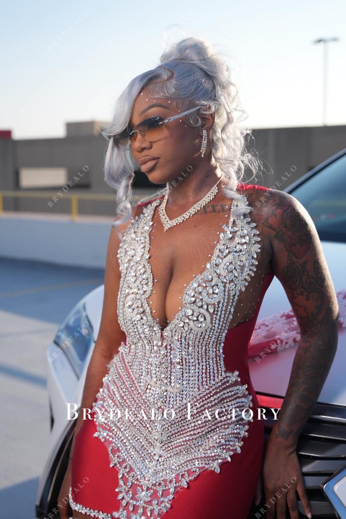 crystal red illusion neck prom dress