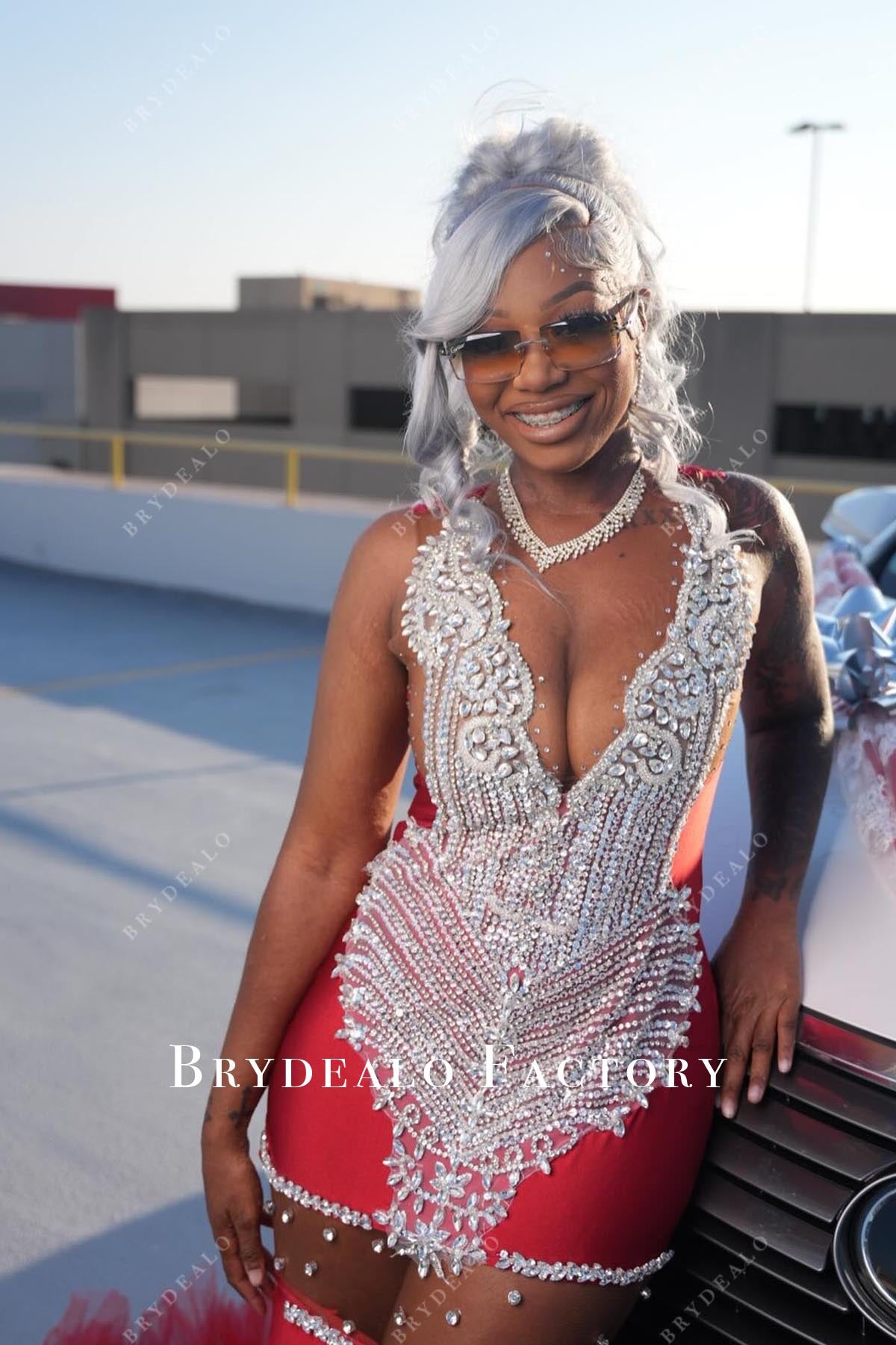 crystal red sleeveless prom dress