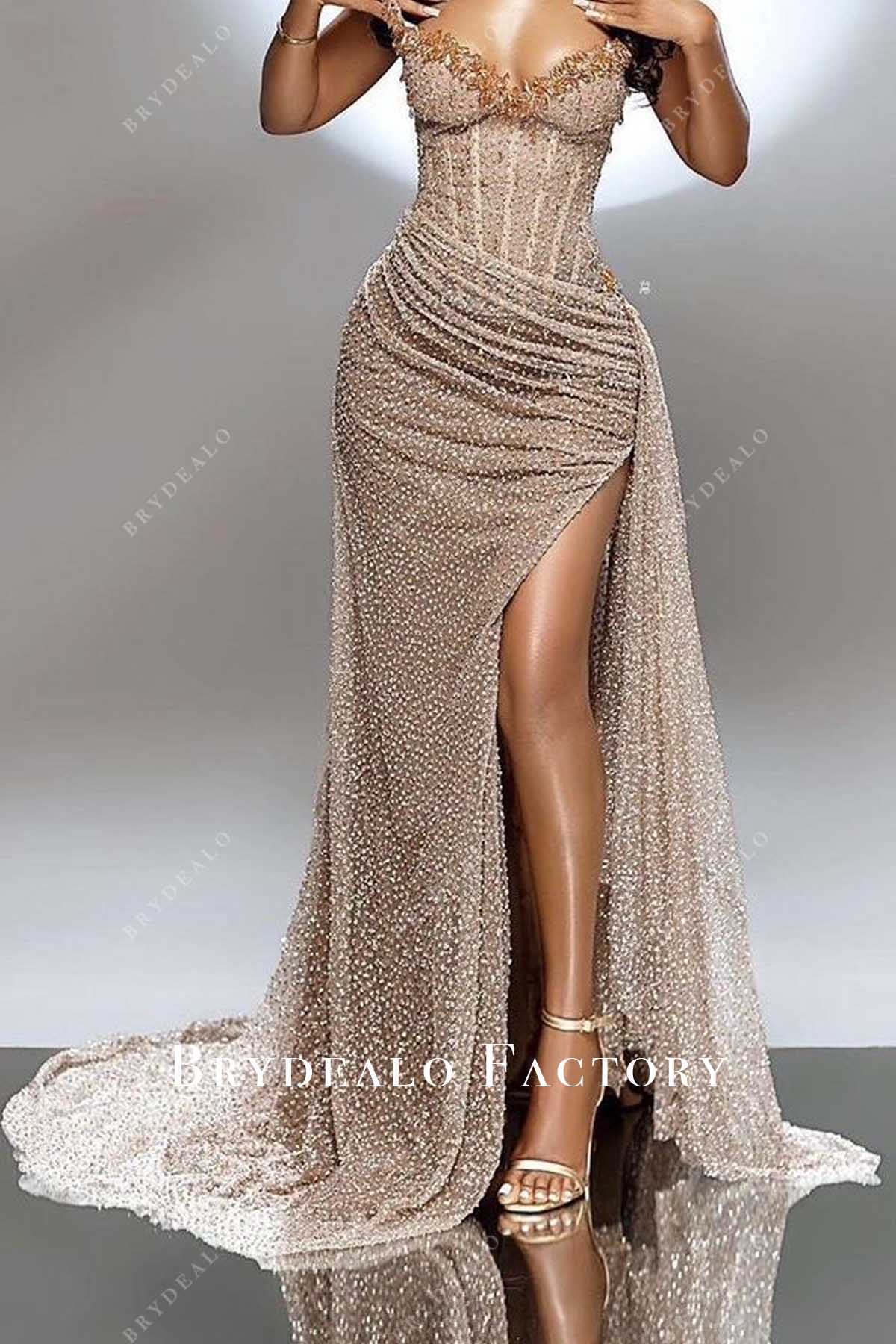 Crystals V-Neck Sparkly Glitter Strapless Slit Long Prom Dress Crystals V-Neck Sparkly Glitter Strapless Slit Long Prom Dress