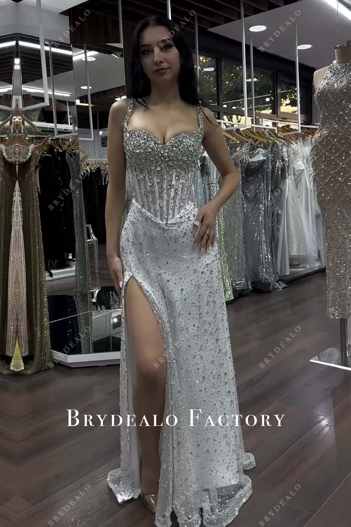 silver corset dress Bling Bling Sweetheart Neck Basque Waist Corset Slit Prom Formal Dress