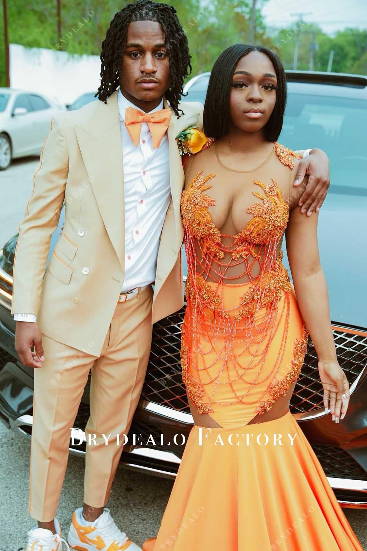 crystal tangerine trumpet prom dress