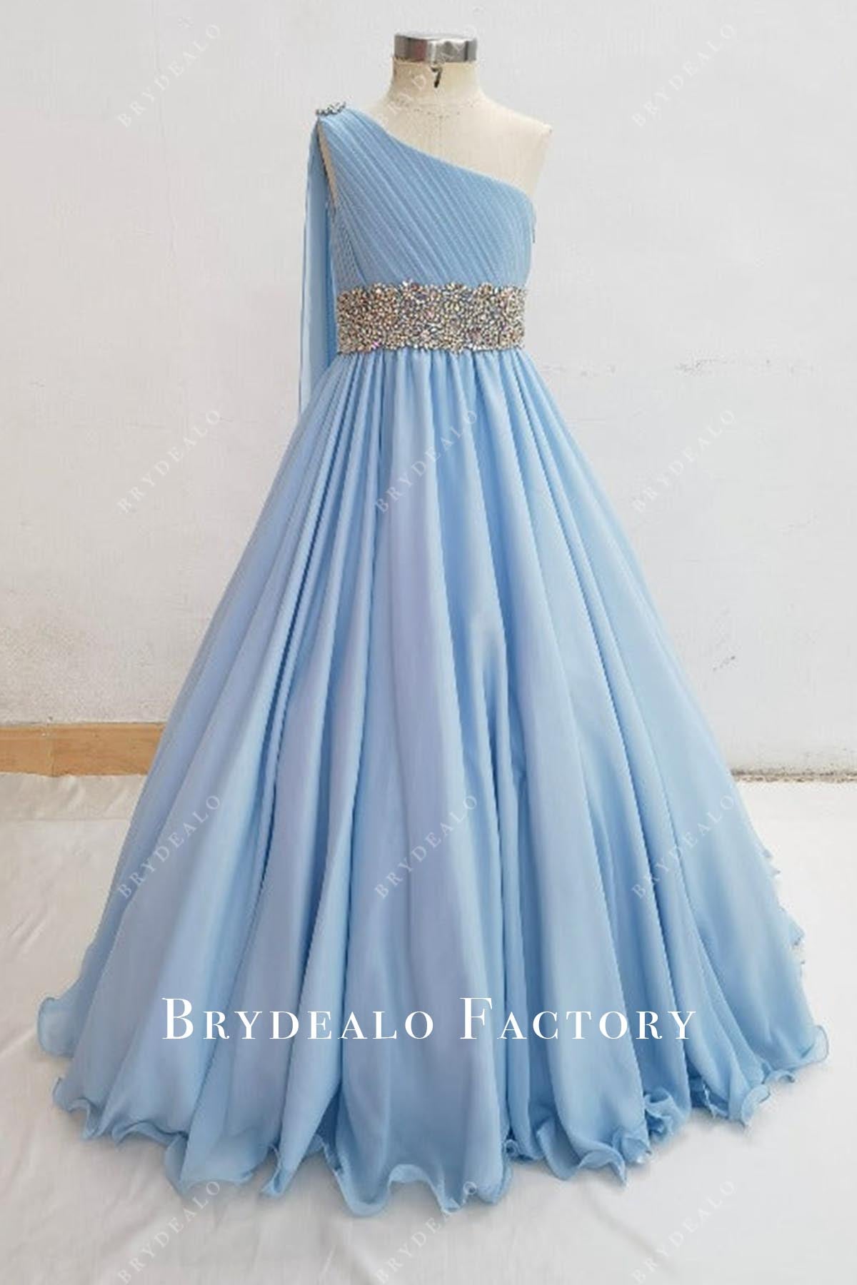 Crystals Waistband Blue One Shoulder A-Line Pageant Dress Crystals Waistband Blue One Shoulder A-Line Pageant Dress