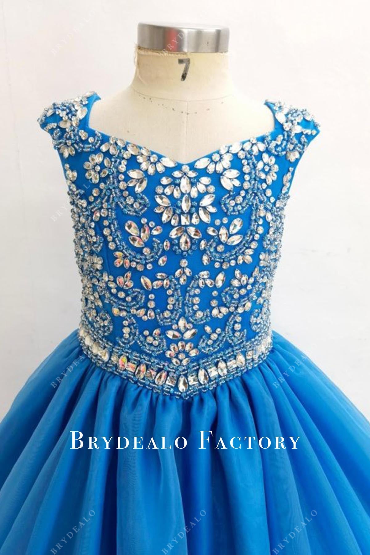 crystals blue cap sleeves pageant dress