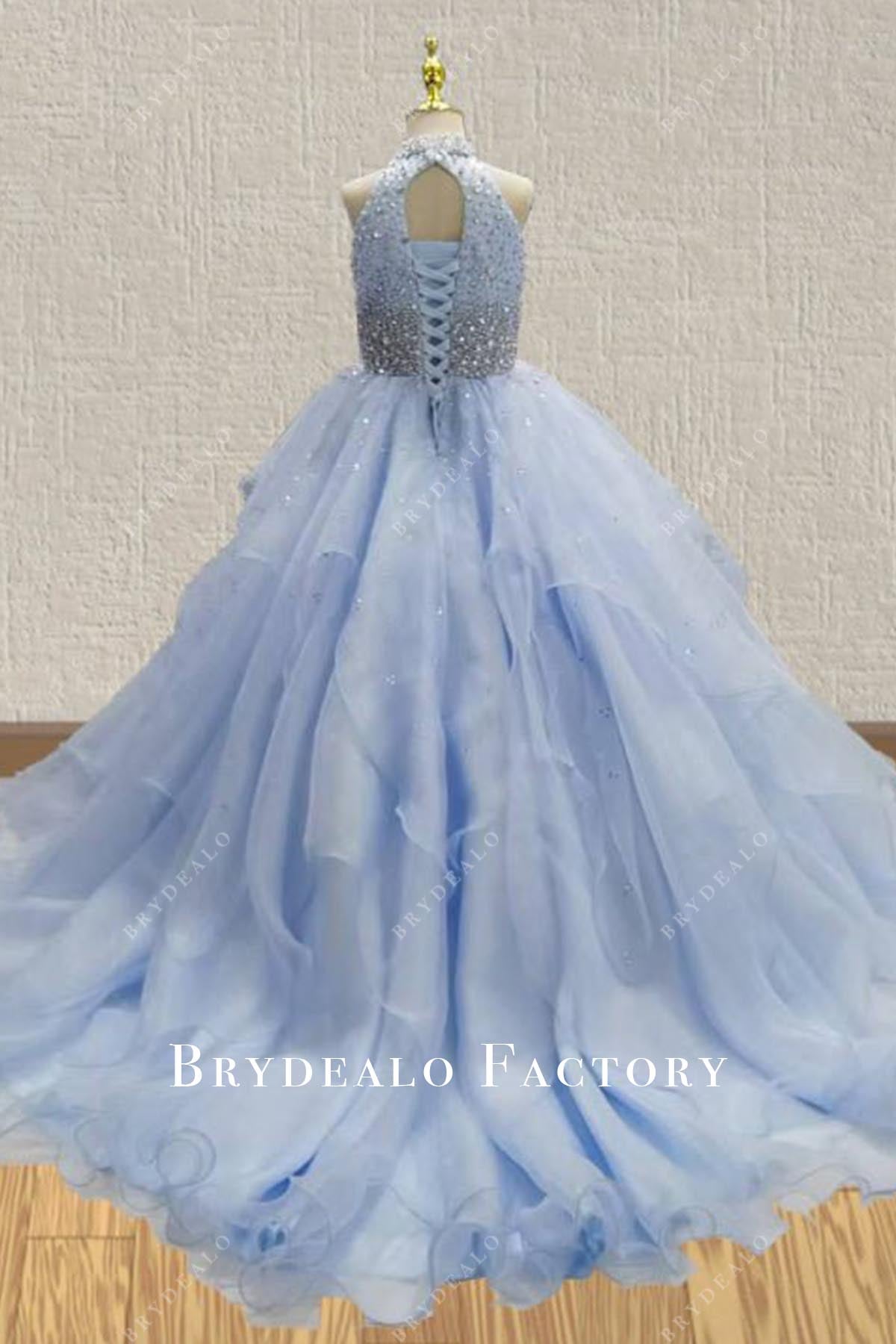 crystals blue court train pageant dress