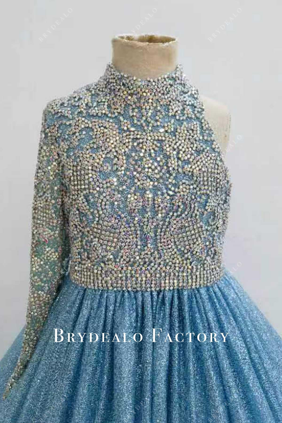 crystals blue high neck pageant dress