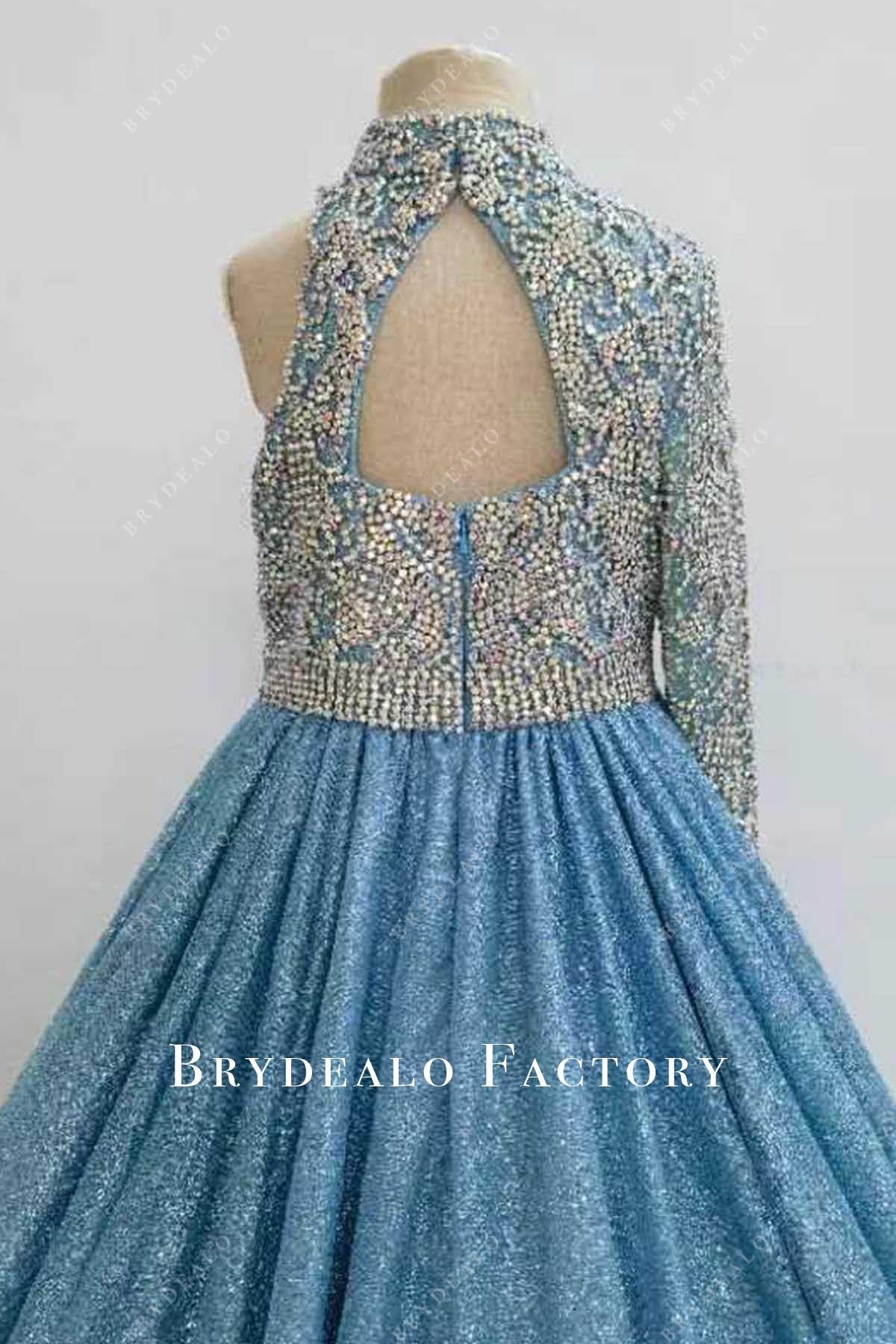 crystals blue keyhole back pageant dress