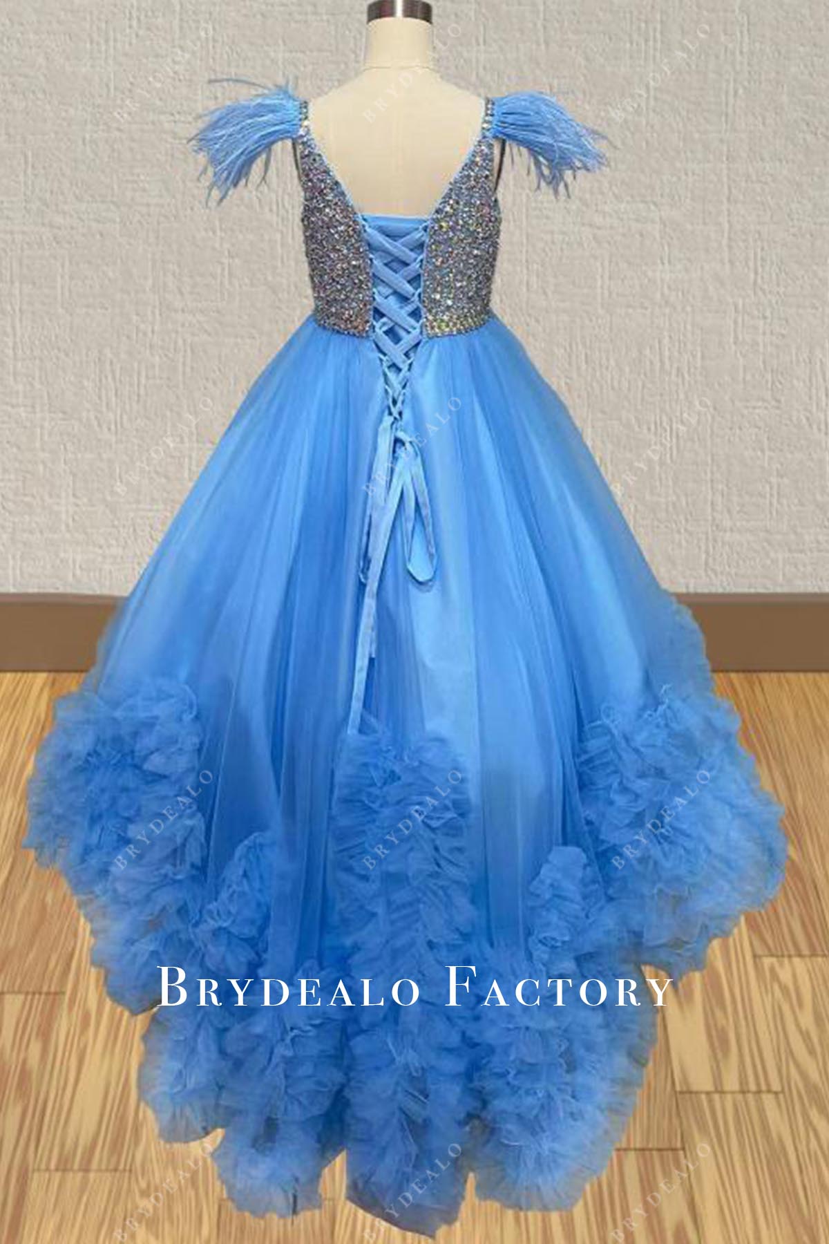 crystals blue lace up back pageant dress